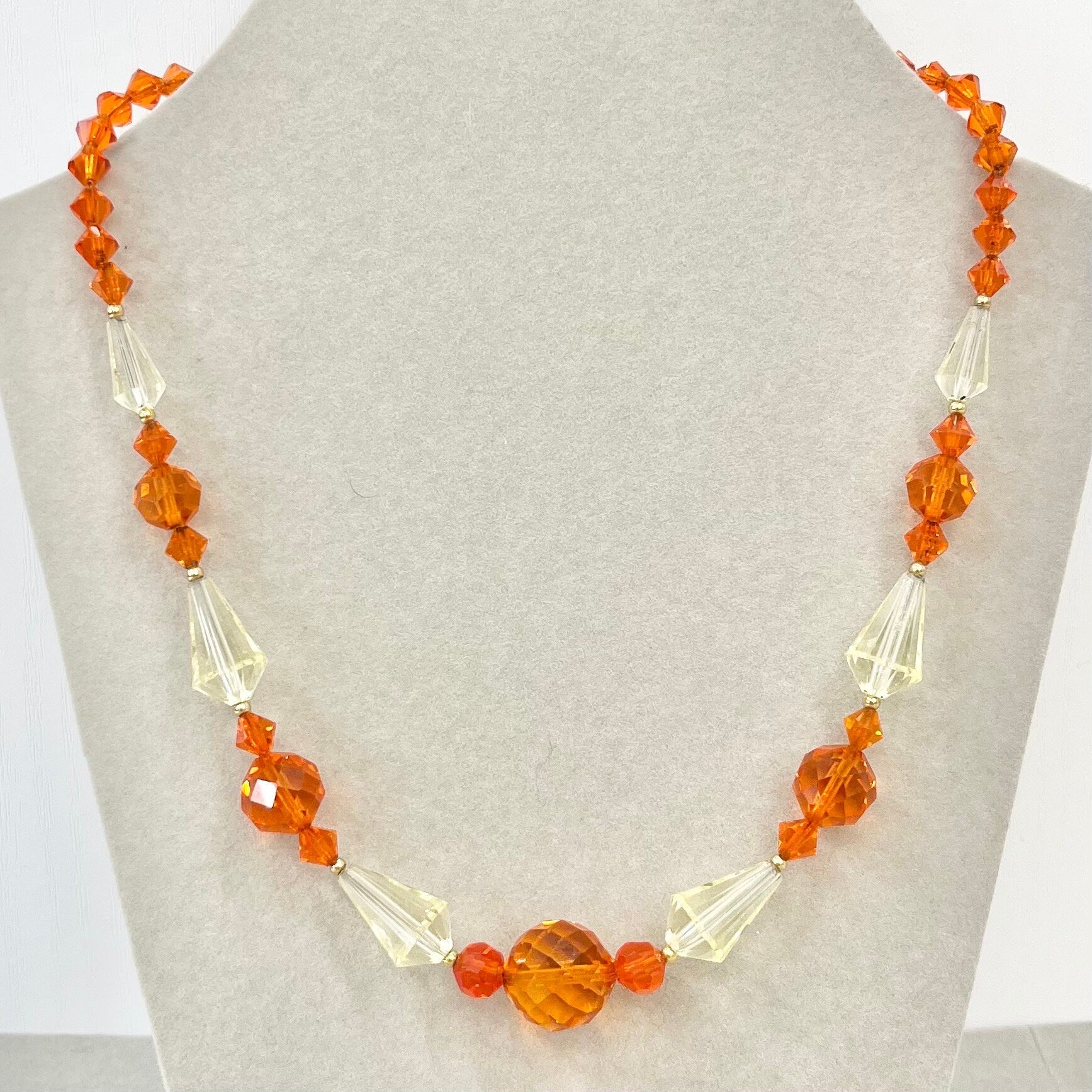 Vintage Orange & Yellow Glass Bicone Bead Necklace Cadmium and Manganese UV Reactive Glow Jewellery 17” TheGreenGlassGemShop