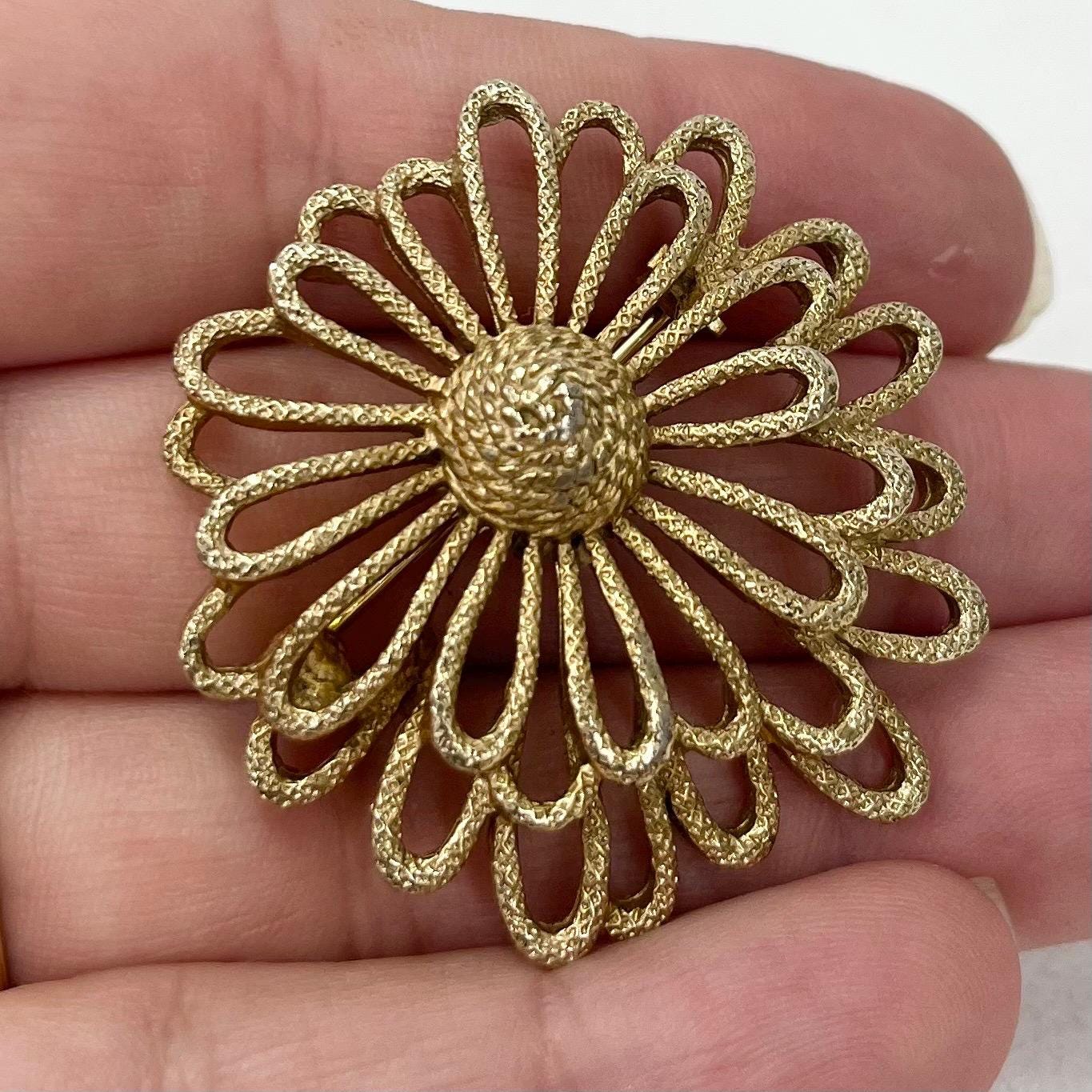 Vintage Sarah Coventry Filigree Flower Brooch Gold Plated Textured Brooch Costume Jewellery Statement Piece TheGreenGlassGemShop