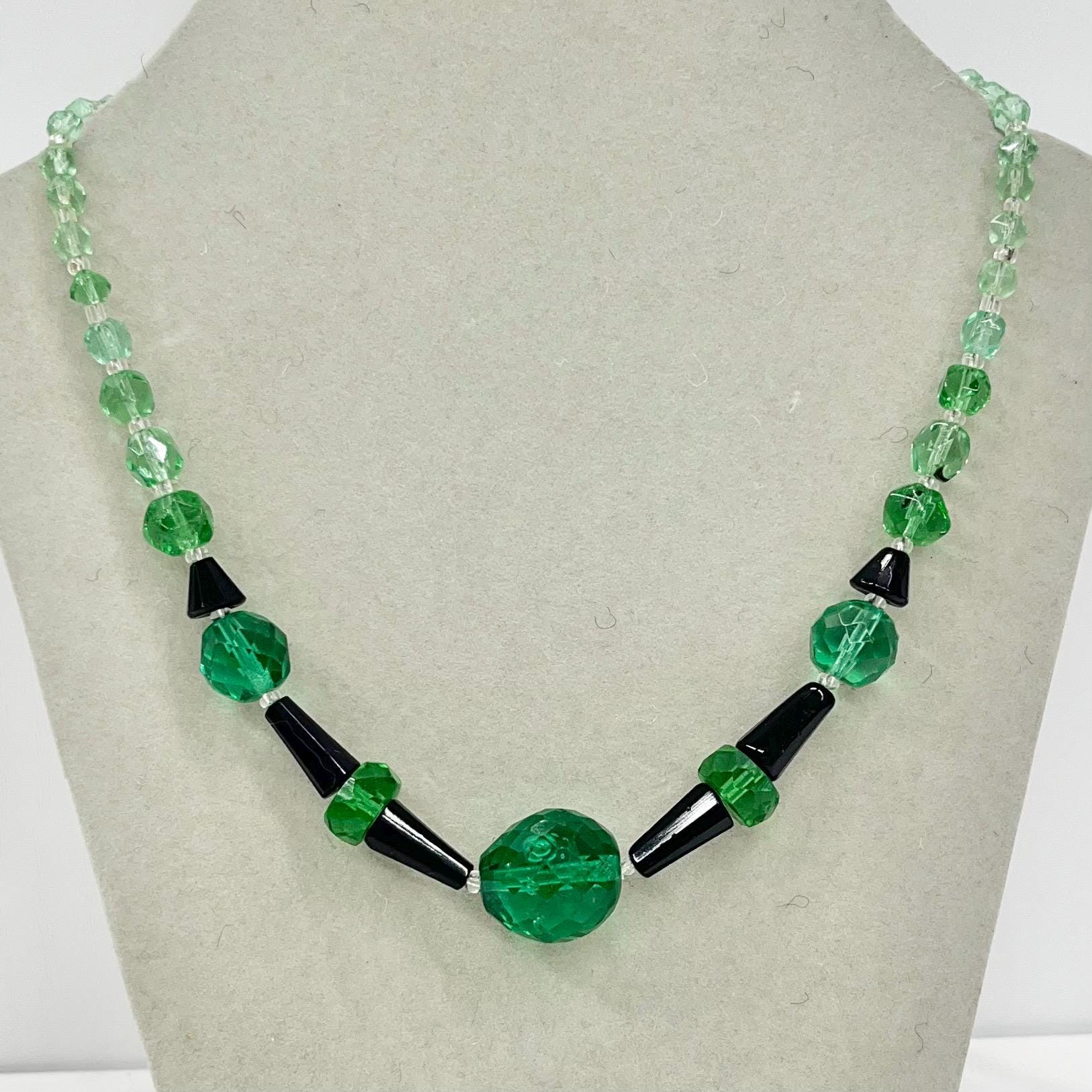Vintage Art Deco Teal Green Uranium Glass & Black Bead Necklace Bright Green UV Reactive Glow Jewellery TheGreenGlassGemShop