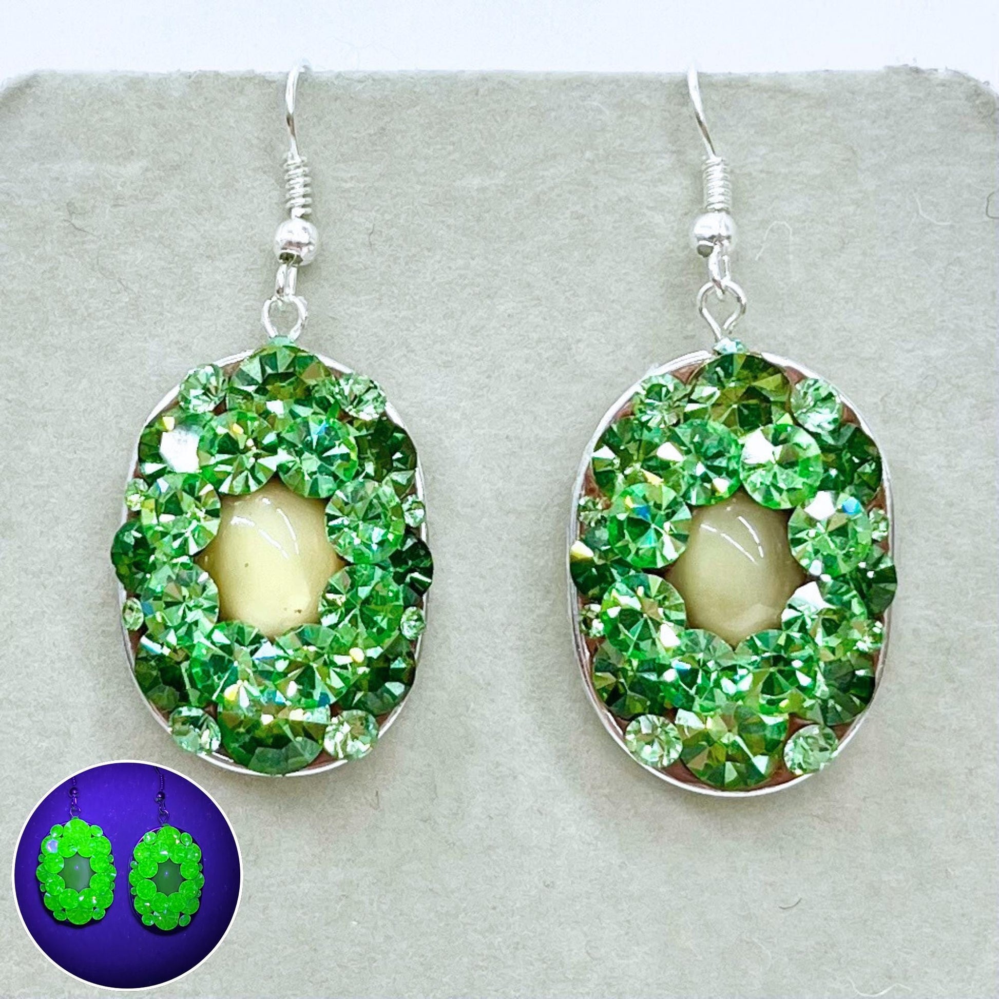 Handmade Uranium Glass Crystal Cluster Drop Earrings UV Reactive Glow with Vintage Swarovski Crystals TheGreenGlassGemShop