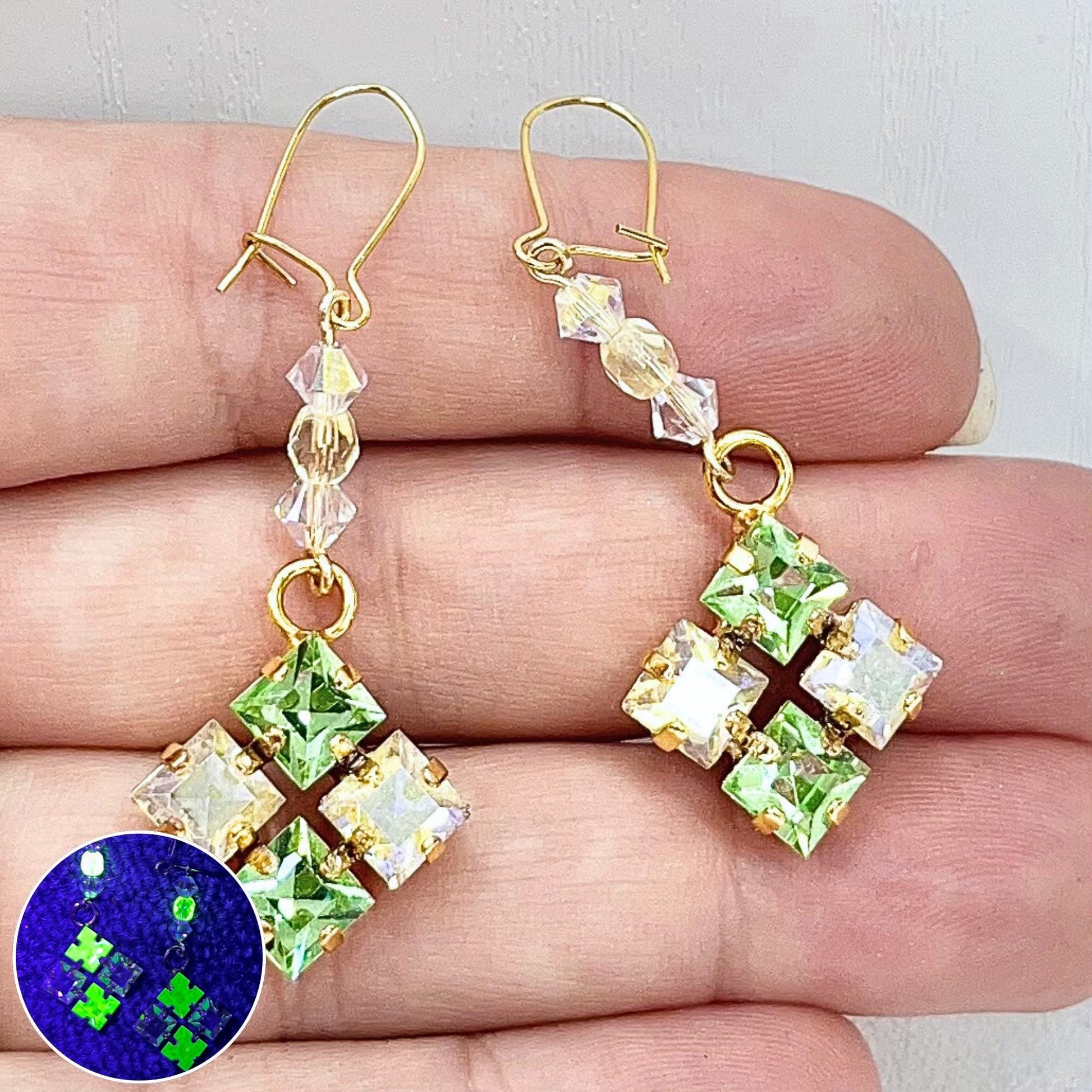 Vintage Aurora Borealis Green Uranium Glass Square Cut Crystal Drop Earrings UV Reactive Glow with Vintage Swarovski Crystals TheGreenGlassGemShop
