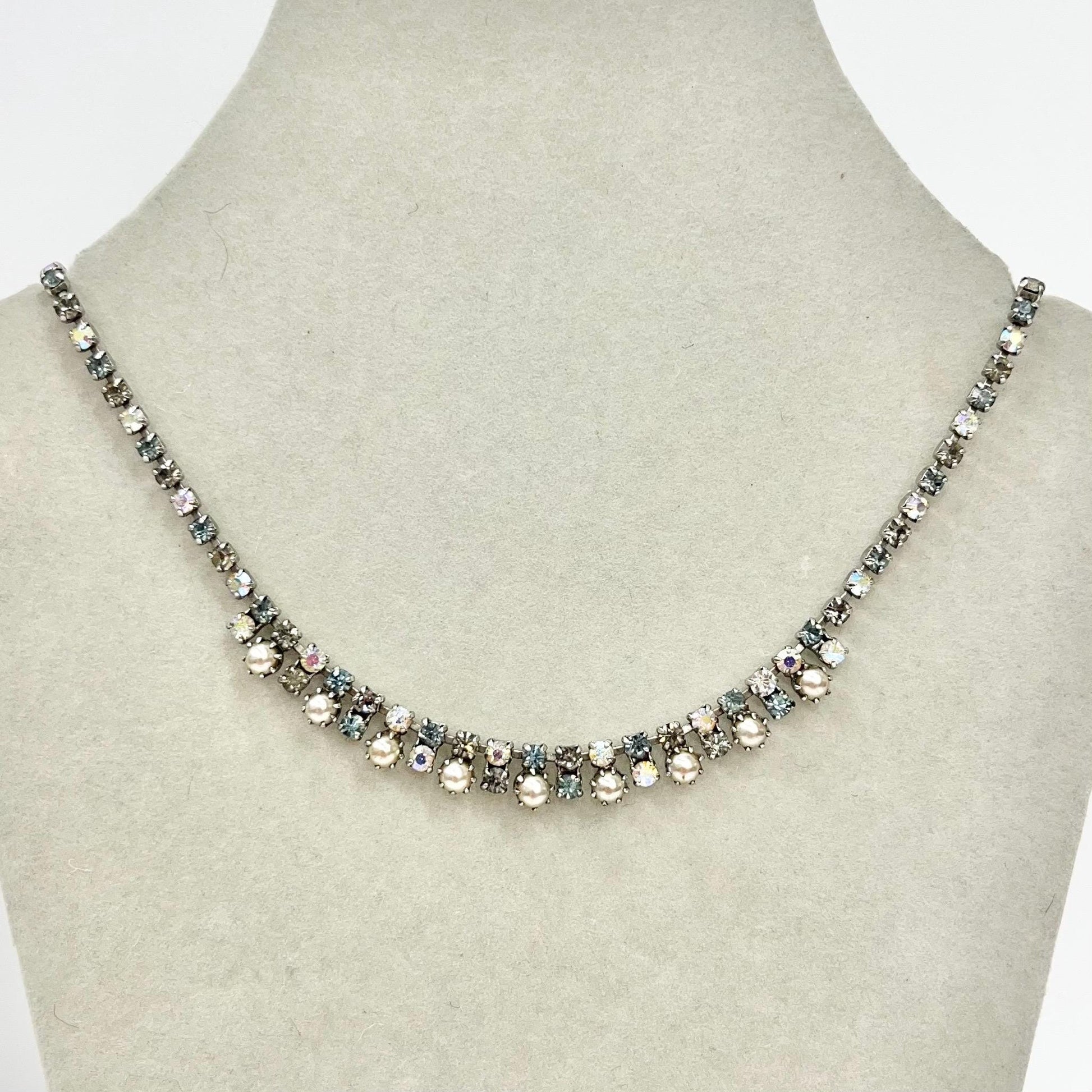 Vintage Silver Tone Dainty Faux Pearl Droplet Necklace with Aurora Borealis Crystals 1960’s Beautiful Lightest Blue Champagne Tones TheGreenGlassGemShop
