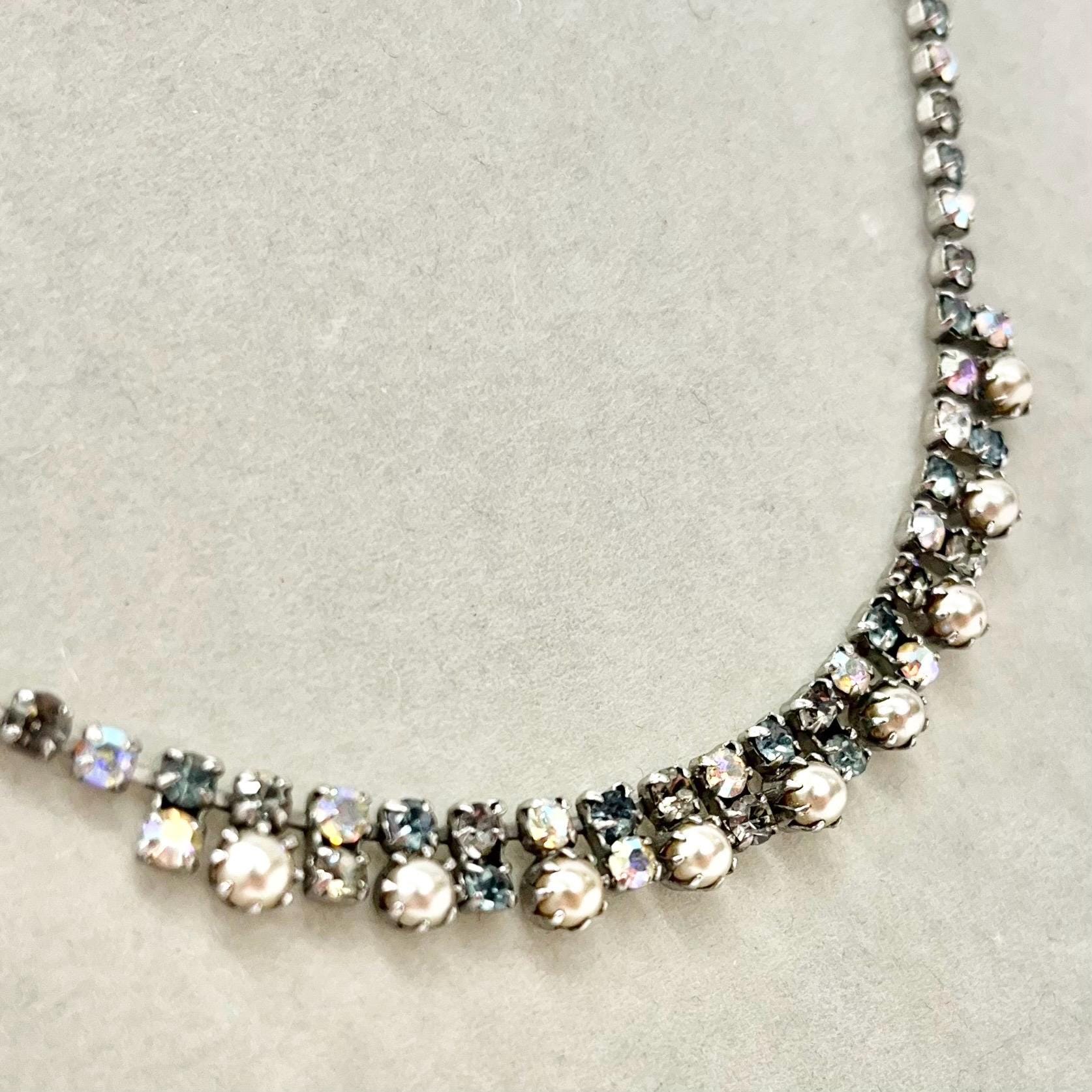 Vintage Silver Tone Dainty Faux Pearl Droplet Necklace with Aurora Borealis Crystals 1960’s Beautiful Lightest Blue Champagne Tones TheGreenGlassGemShop