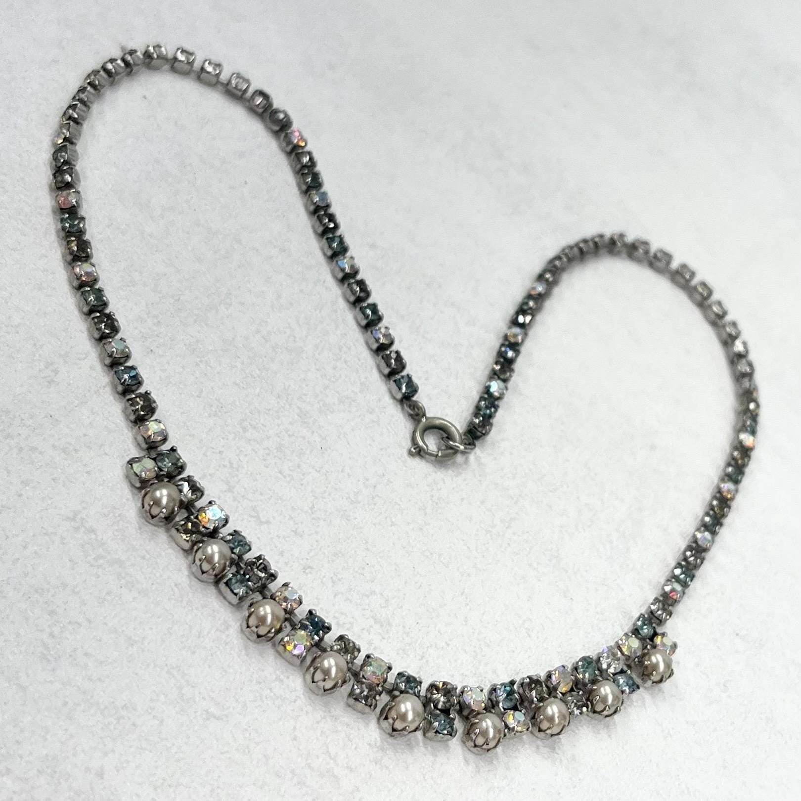 Vintage Silver Tone Dainty Faux Pearl Droplet Necklace with Aurora Borealis Crystals 1960’s Beautiful Lightest Blue Champagne Tones TheGreenGlassGemShop