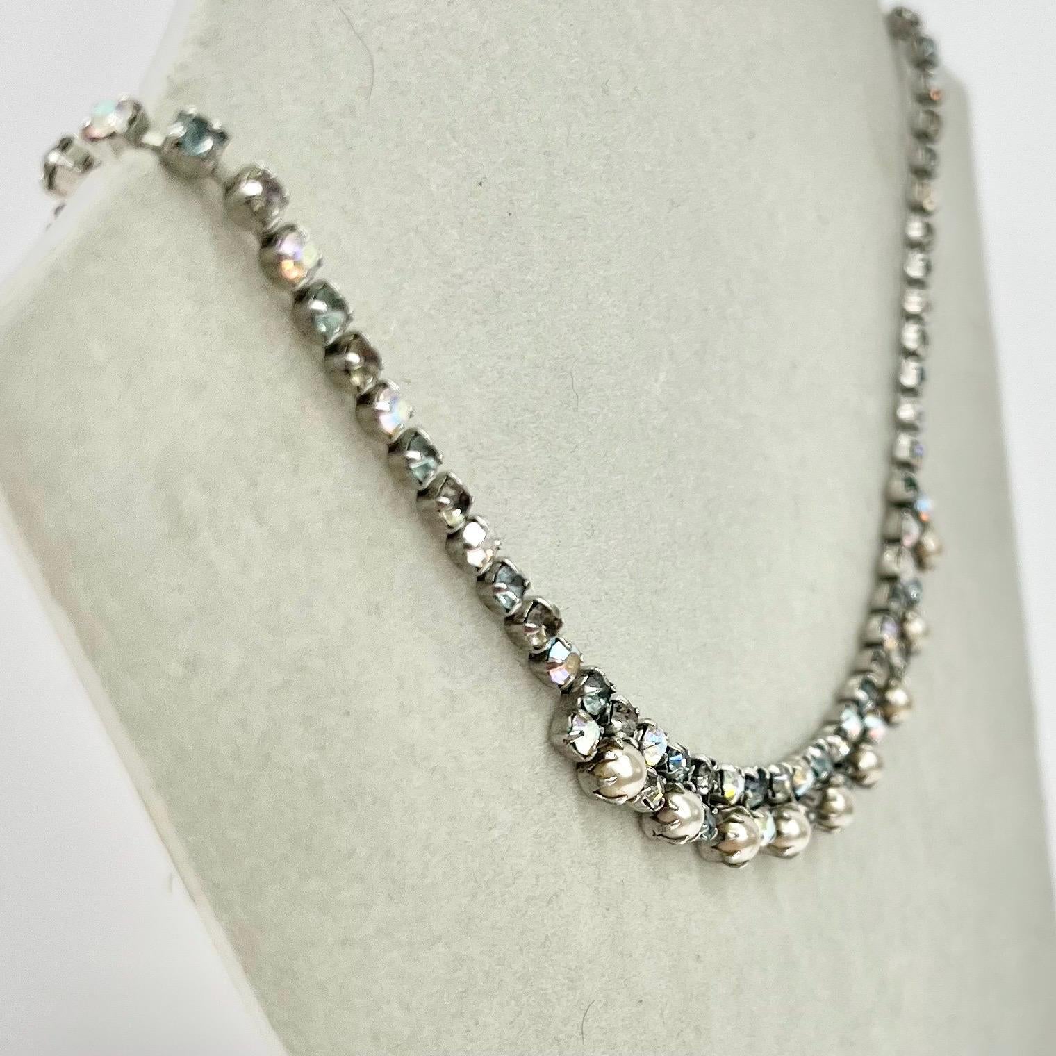 Vintage Silver Tone Dainty Faux Pearl Droplet Necklace with Aurora Borealis Crystals 1960’s Beautiful Lightest Blue Champagne Tones TheGreenGlassGemShop
