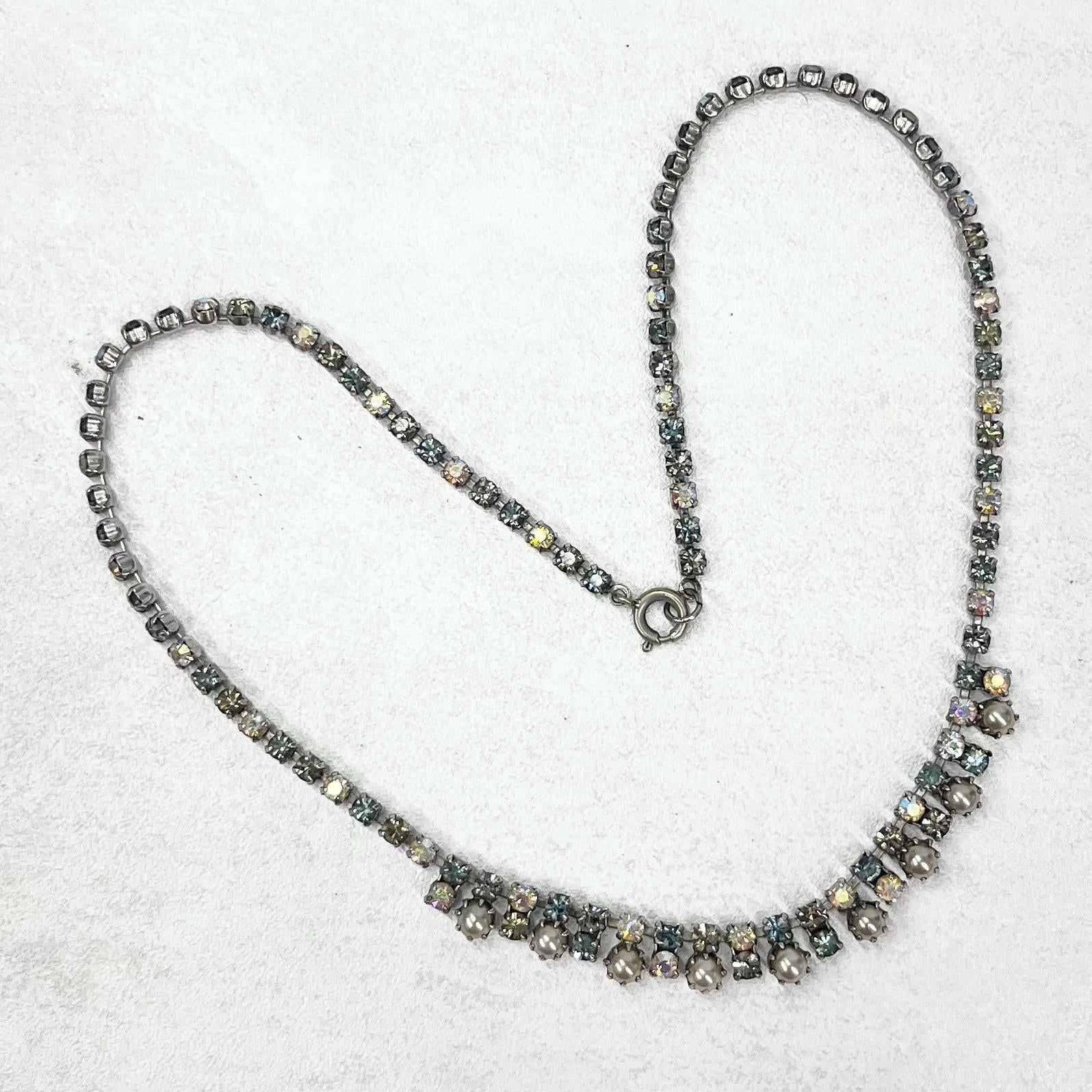 Vintage Silver Tone Dainty Faux Pearl Droplet Necklace with Aurora Borealis Crystals 1960’s Beautiful Lightest Blue Champagne Tones TheGreenGlassGemShop