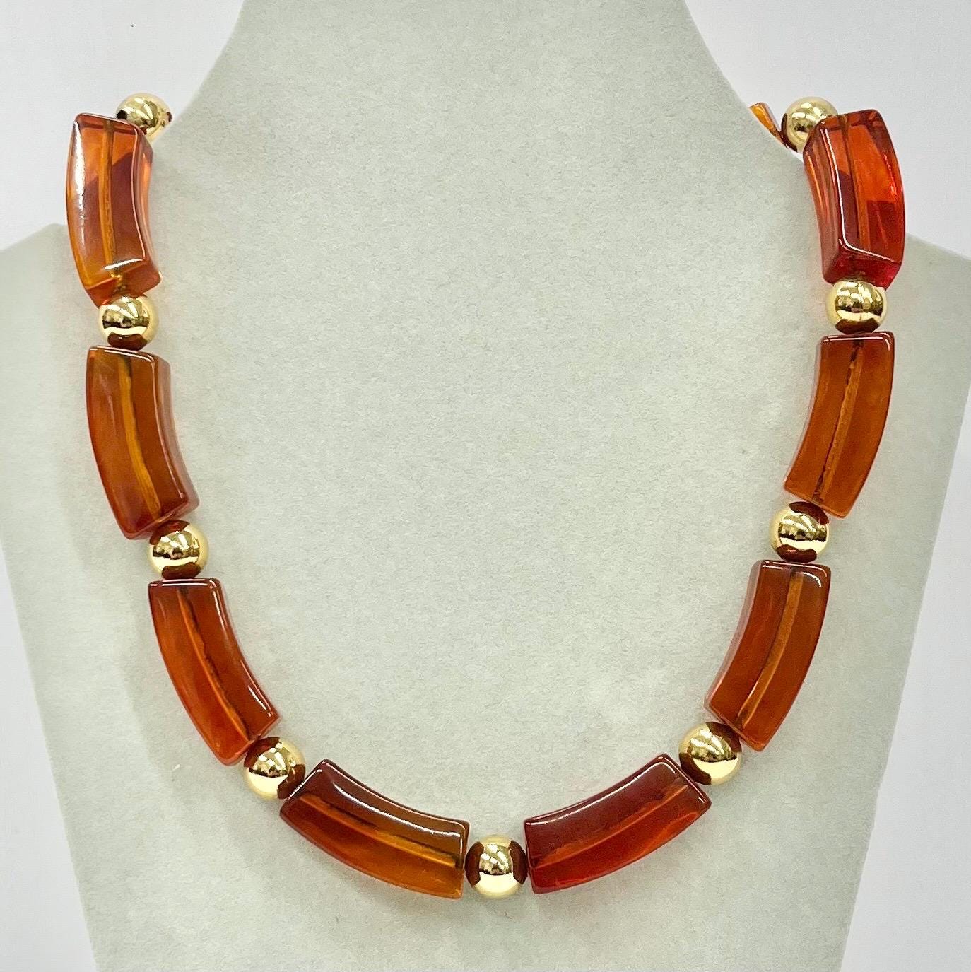 Vintage Amber Acrylic Chunky Curved Collar Napier Necklace 16” Gold Tone TheGreenGlassGemShop