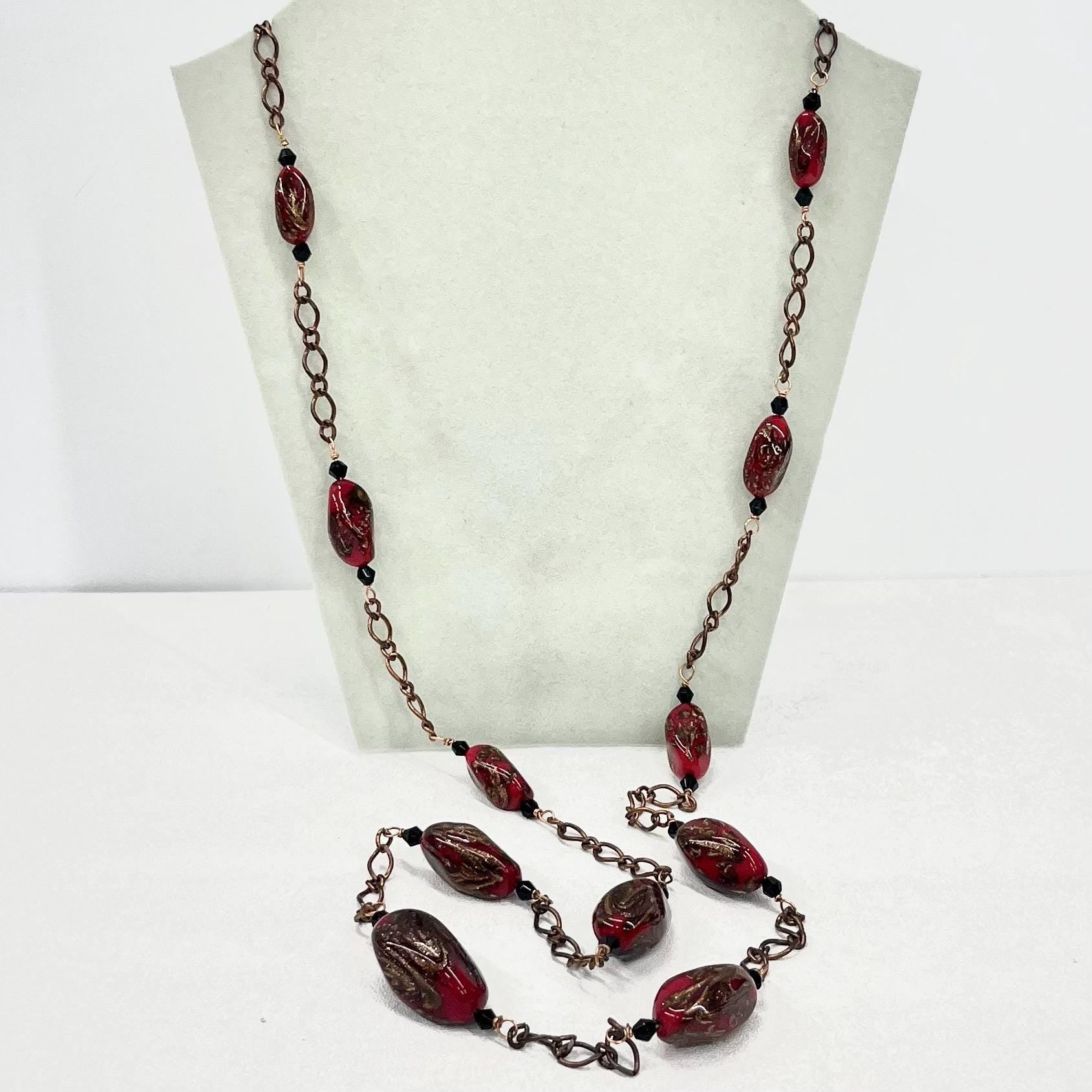 Vintage Red & Gold Aventurine Glass Bead Necklace 38” Long Handmade Lampwork Beads Copper Accents TheGreenGlassGemShop