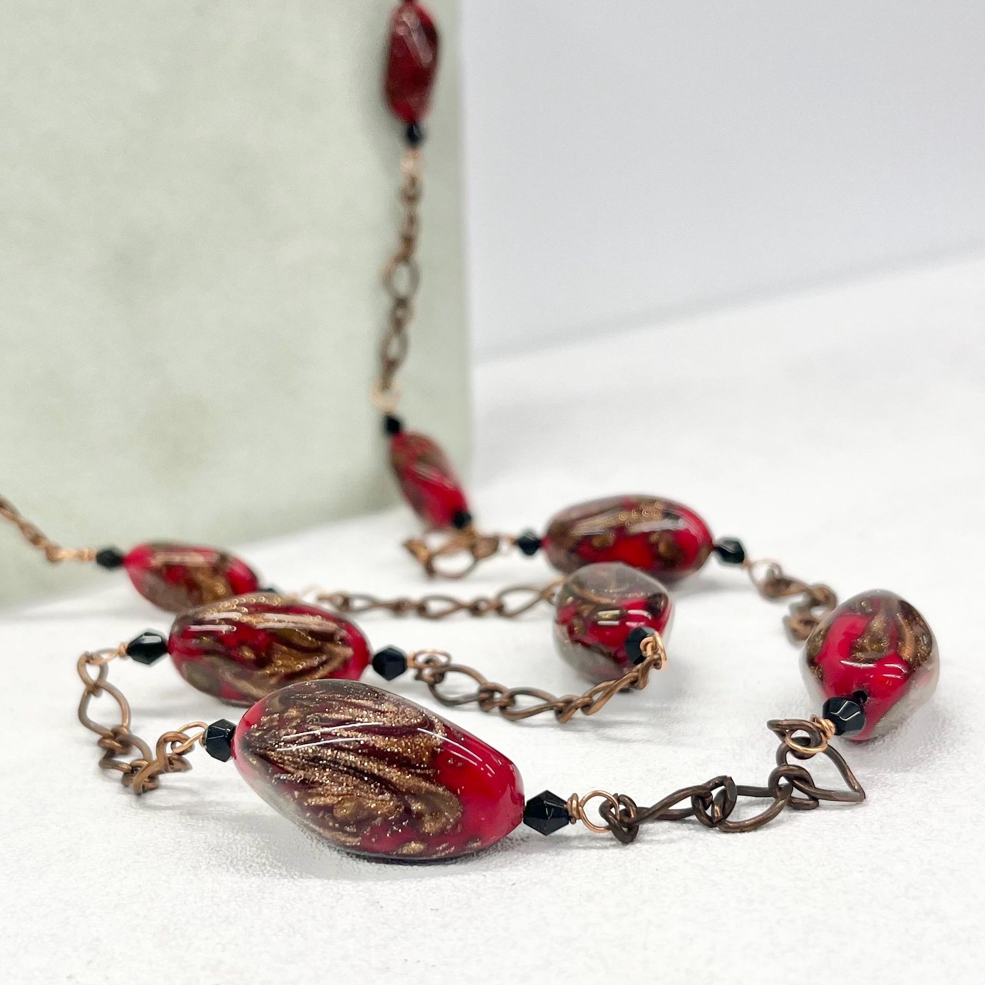 Vintage Red & Gold Aventurine Glass Bead Necklace 38” Long Handmade Lampwork Beads Copper Accents TheGreenGlassGemShop