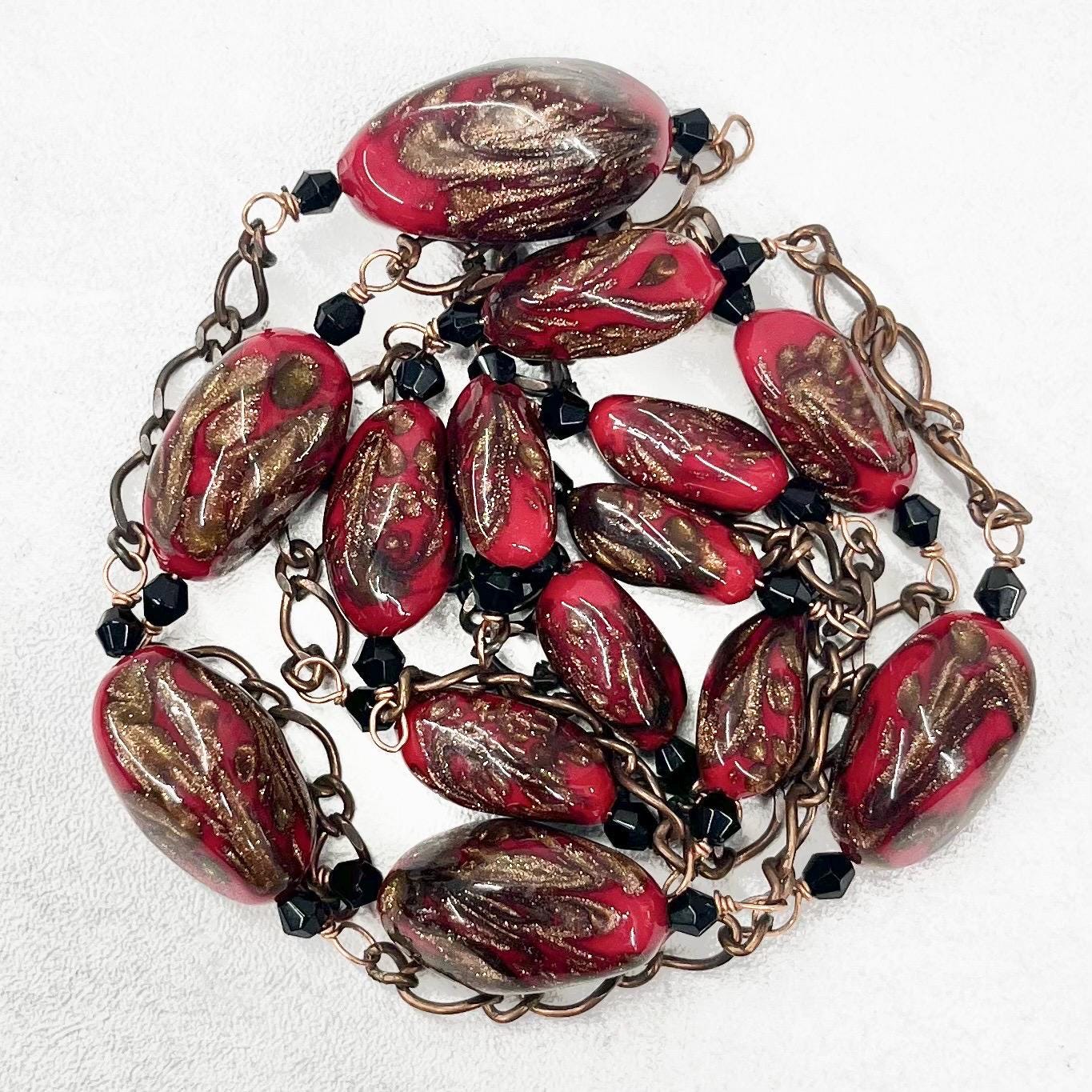 Vintage Red & Gold Aventurine Glass Bead Necklace 38” Long Handmade Lampwork Beads Copper Accents TheGreenGlassGemShop