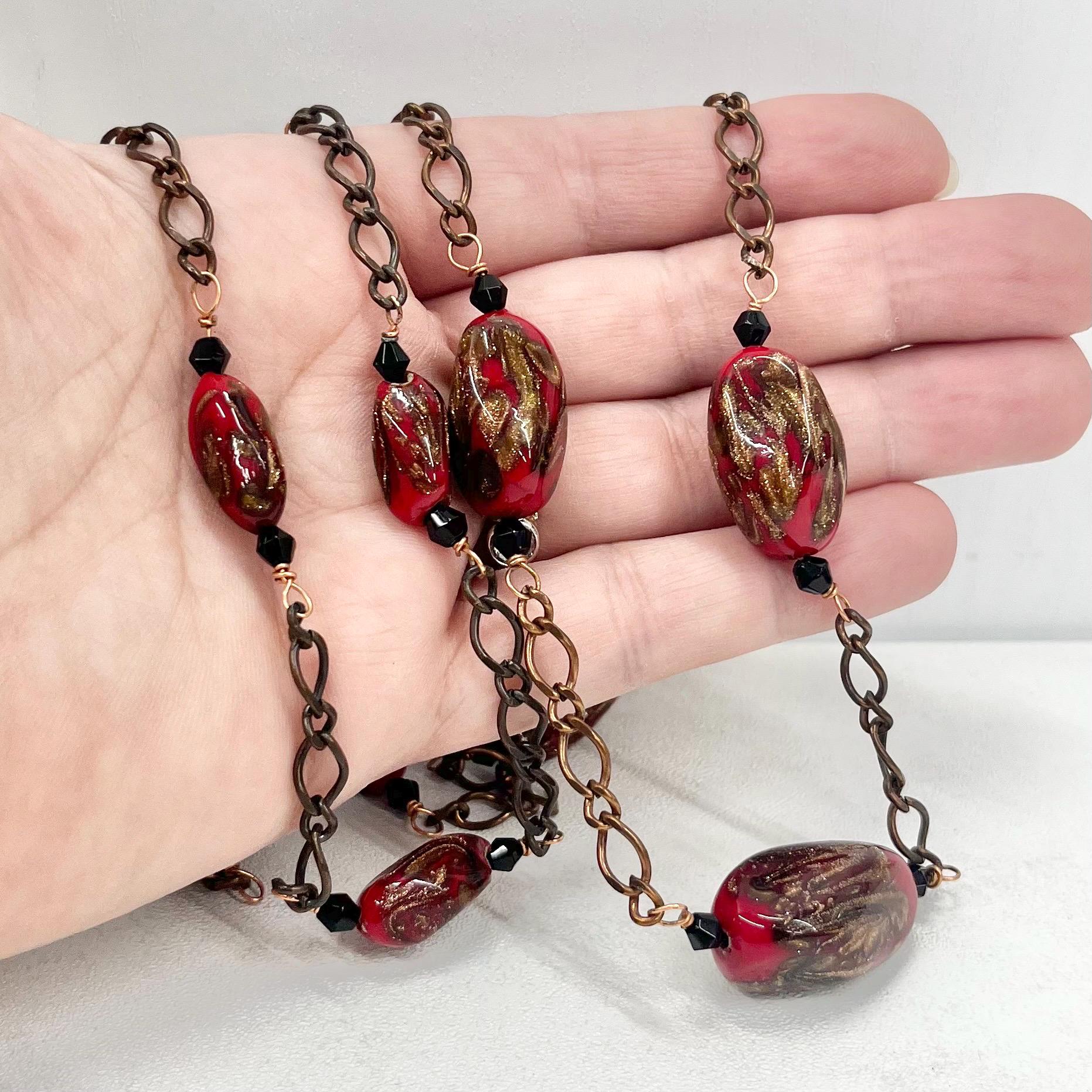 Vintage Red & Gold Aventurine Glass Bead Necklace 38” Long Handmade Lampwork Beads Copper Accents TheGreenGlassGemShop