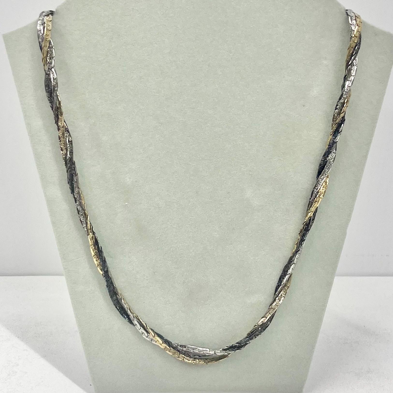 Vintage 24” Long Twisted Three Colour Gold Silver Pewter Three Strand 22ct Gold Plate Chain Necklace 1970’s - 1980’s Statement Power Chain TheGreenGlassGemShop