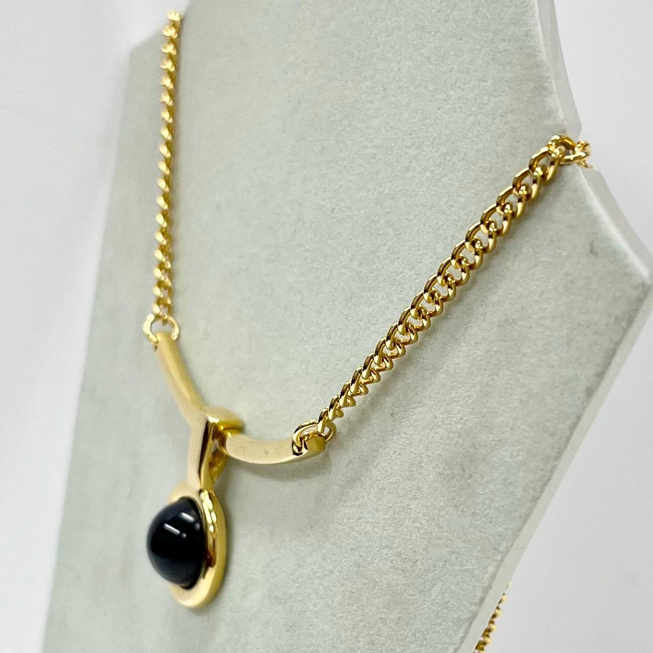 Vintage Gold Plate Black Glass Cabochon Drop Chain Necklace 1970’s - 1980’s Statement Power Chain TheGreenGlassGemShop