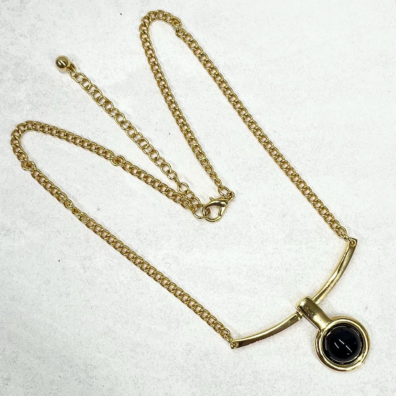Vintage Gold Plate Black Glass Cabochon Drop Chain Necklace 1970’s - 1980’s Statement Power Chain TheGreenGlassGemShop