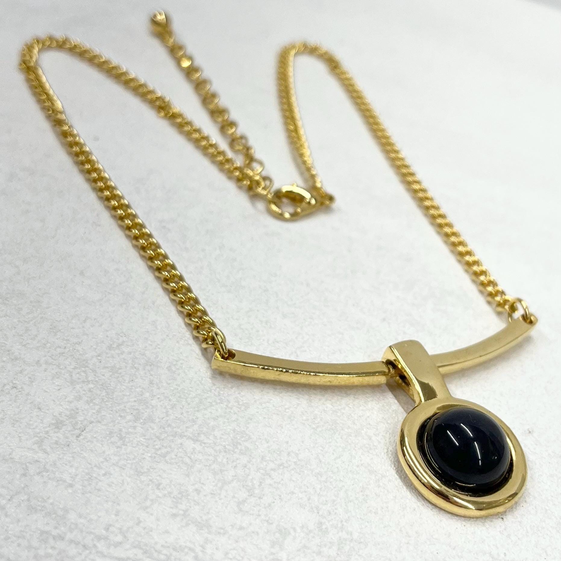 Vintage Gold Plate Black Glass Cabochon Drop Chain Necklace 1970’s - 1980’s Statement Power Chain TheGreenGlassGemShop