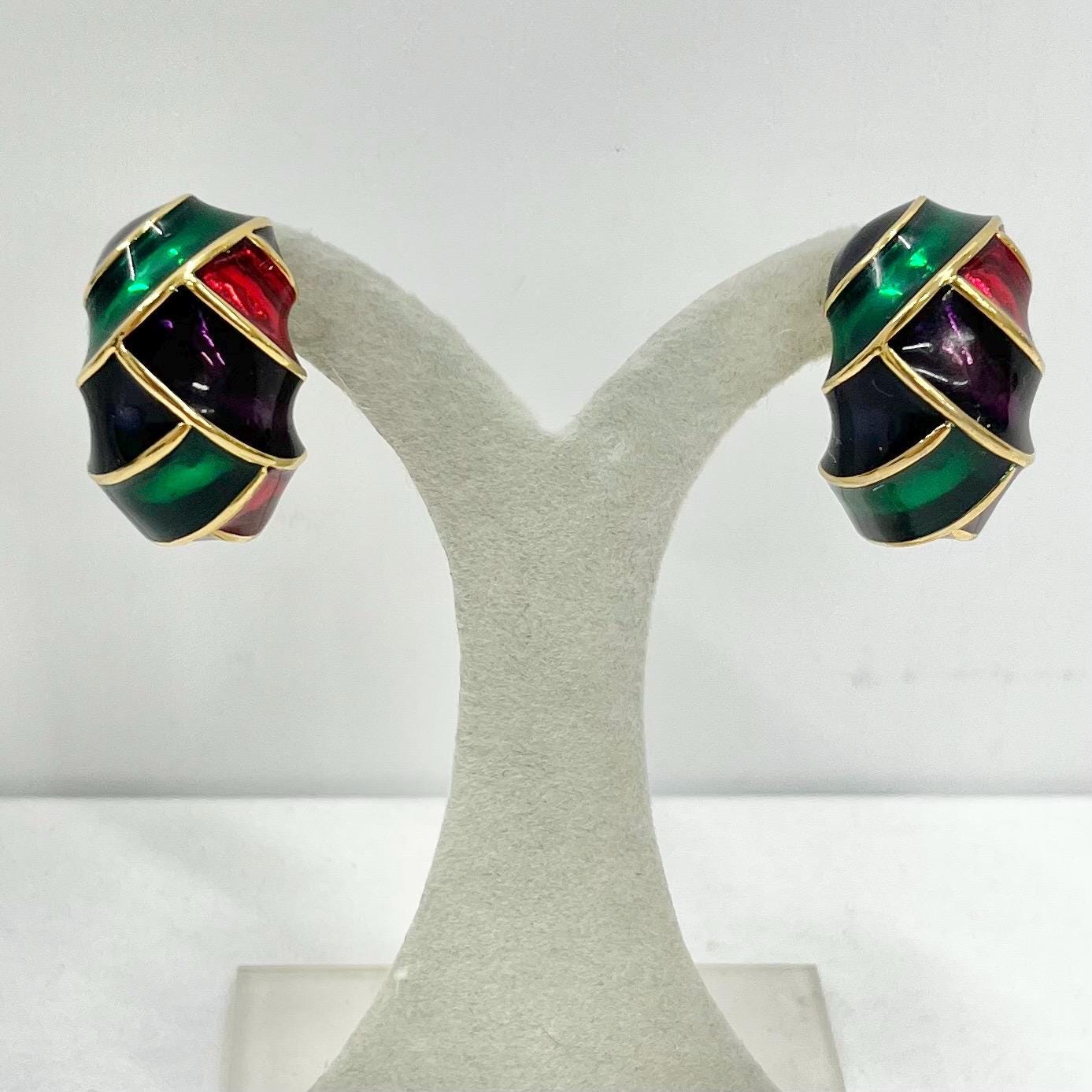 Vintage Enamel Half Hoop Clip On Earrings Green Red Purple Navy in a Gold Tone Setting 1980’s - 1990’s TheGreenGlassGemShop