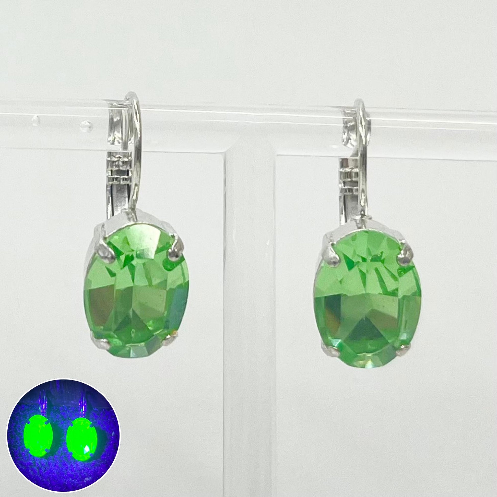 Vintage Oval Green Uranium Glass Crystal Drop Earrings UV Reactive Glow with Vintage Swarovski Crystals Silver Plated TheGreenGlassGemShop