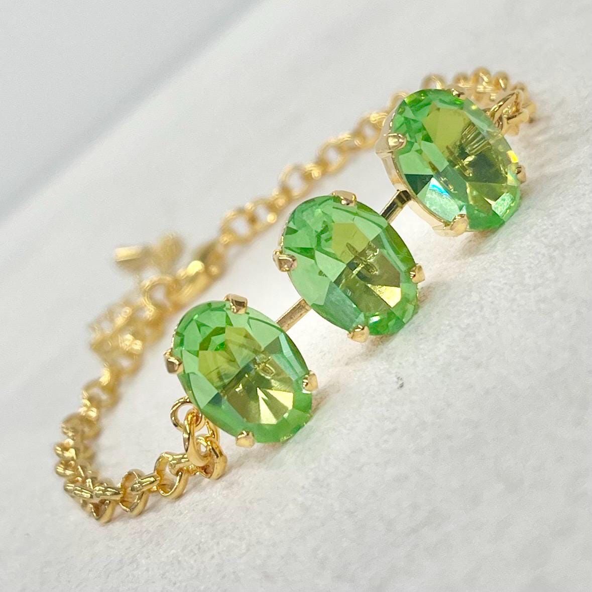 Vintage Green Uranium Glass Oval Crystal Trio Bracelet Gold Plated Metal UV Reactive Glow Jewellery TheGreenGlassGemShop