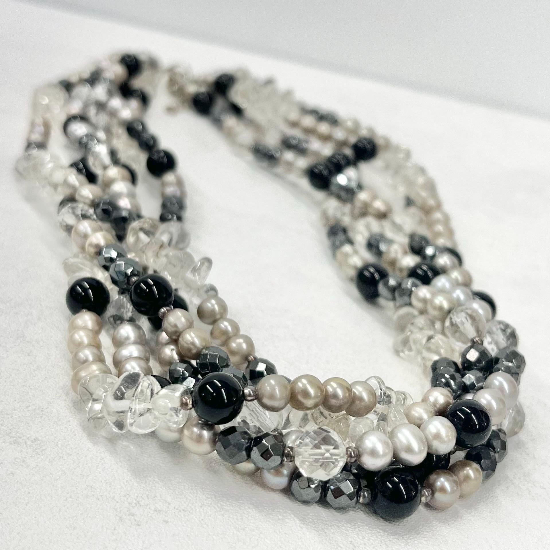 Vintage 5 Strand Freshwater Pearl Quartz & Glass Bead Sterling Silver Necklace Multi Strand Necklace Blacks Greys Whites TheGreenGlassGemShop