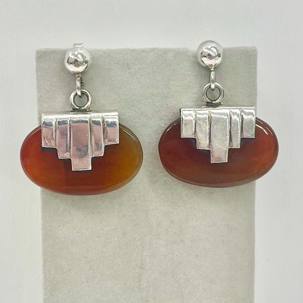 Vintage Sterling Silver Ethnic Agate Drop Earrings 1970’s - 1980’s Chunky Design TheGreenGlassGemShop