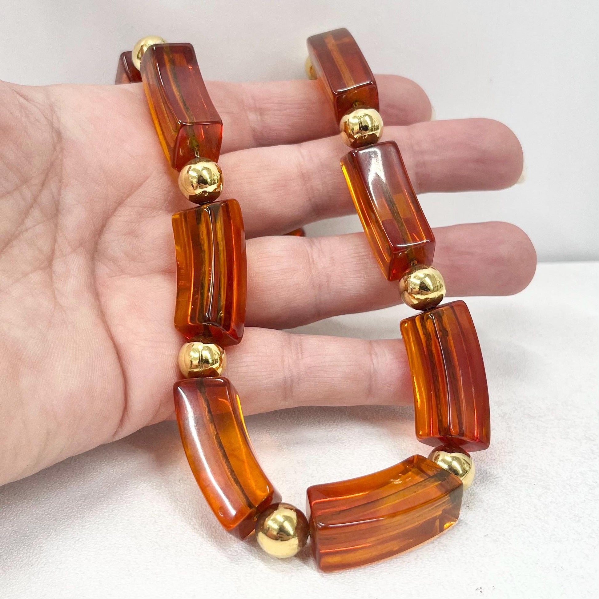 Vintage Amber Acrylic Chunky Curved Collar Napier Necklace 16” Gold Tone TheGreenGlassGemShop
