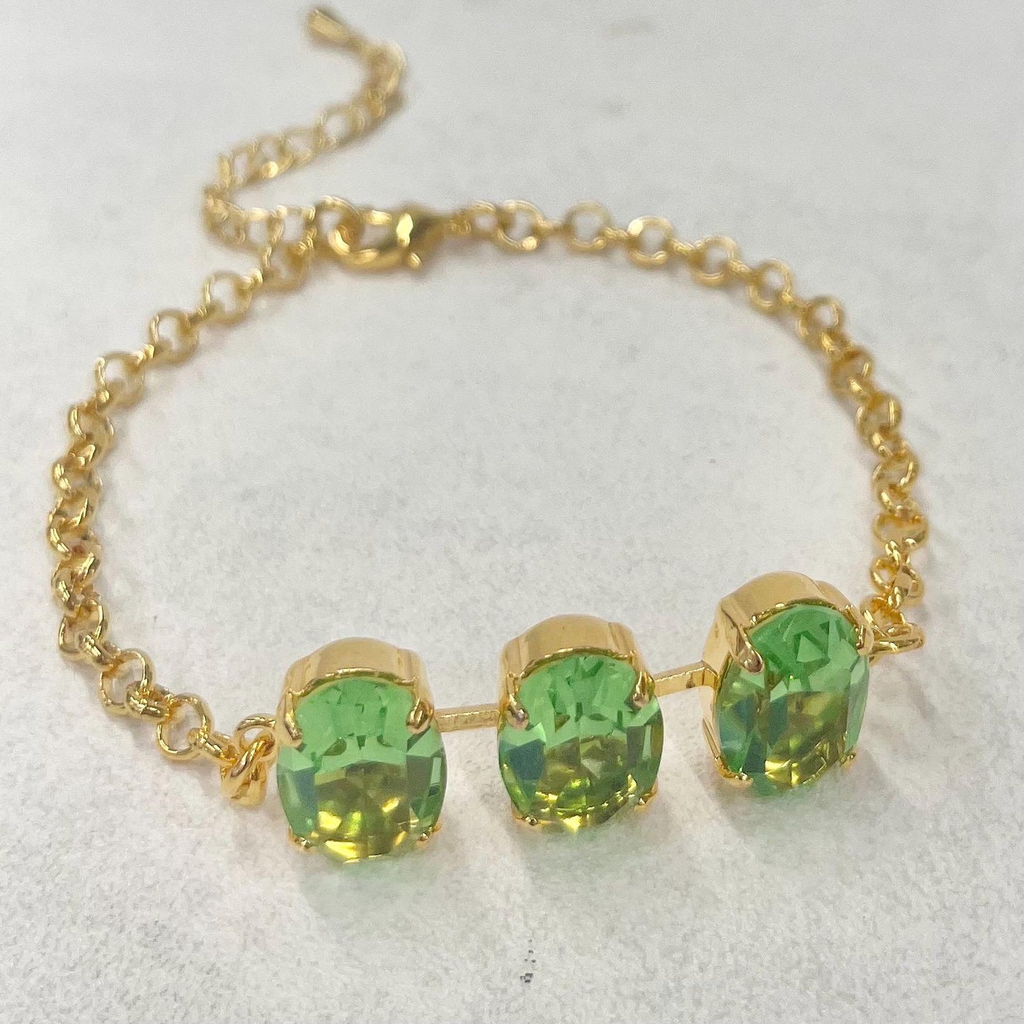 Vintage Green Uranium Glass Oval Crystal Trio Bracelet Gold Plated Metal UV Reactive Glow Jewellery TheGreenGlassGemShop