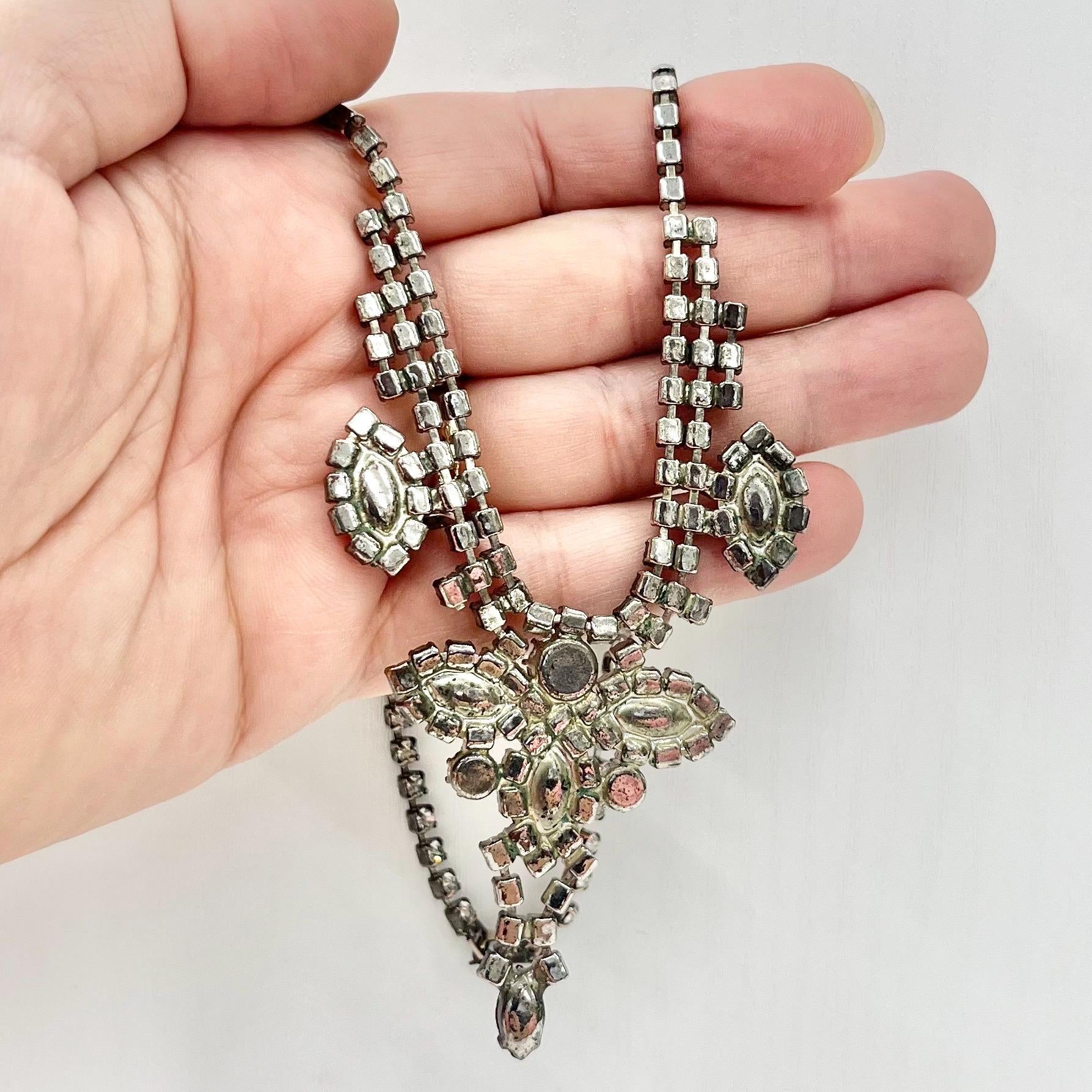 Vintage Impressive 1940’s - 1950’s Silver Tone Paste Crystal Drop Necklace Beautifully Sparkling TheGreenGlassGemShop