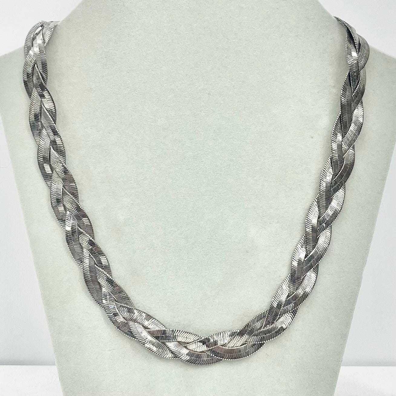 Vintage 16” Silver Tone Three Strand Herringbone Flat Plait Chain Necklace 1970’s - 1980’s TheGreenGlassGemShop