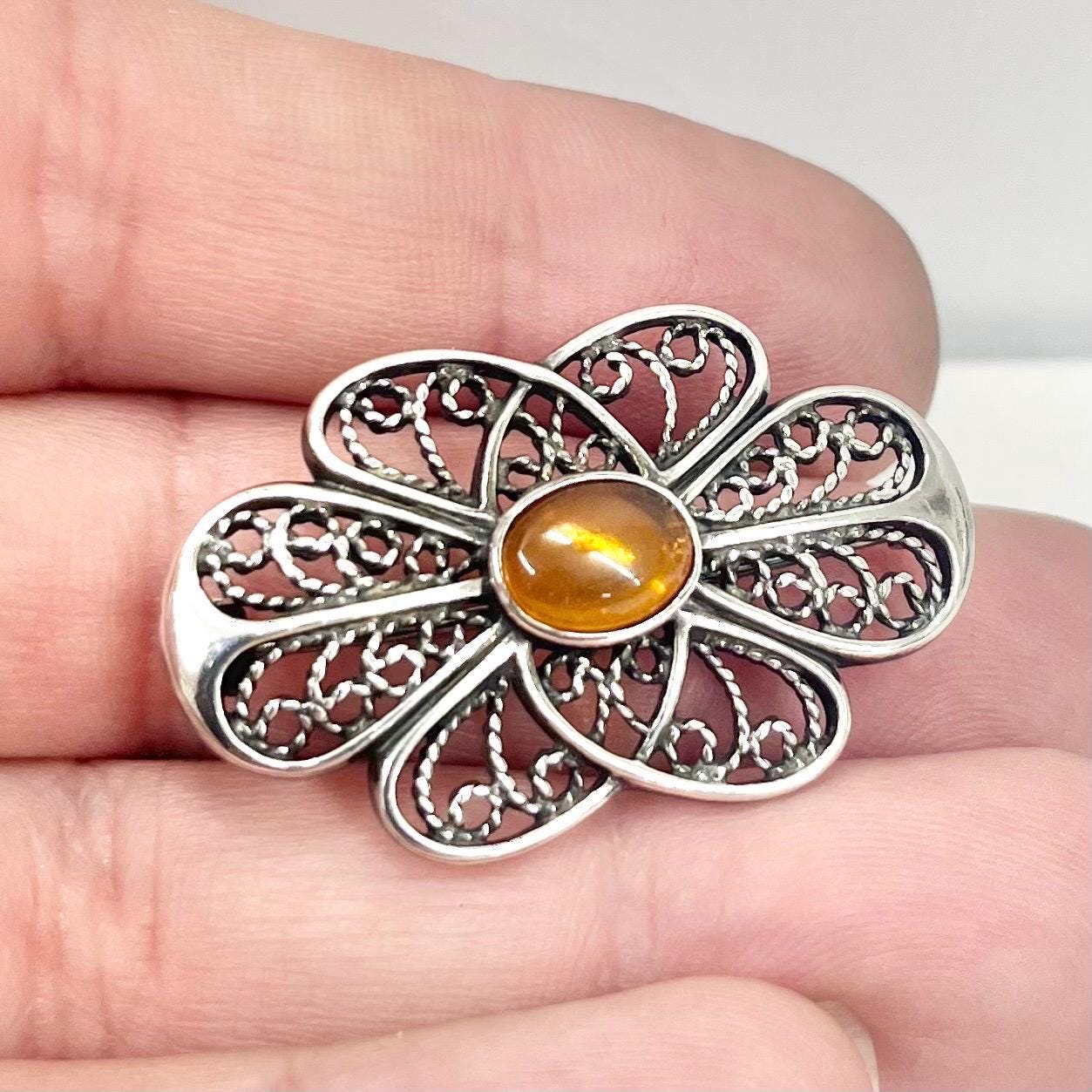 Vintage Filigree Openwork Sterling Silver Amber Brooch Art Nouveau Style Beautifully Designed TheGreenGlassGemShop