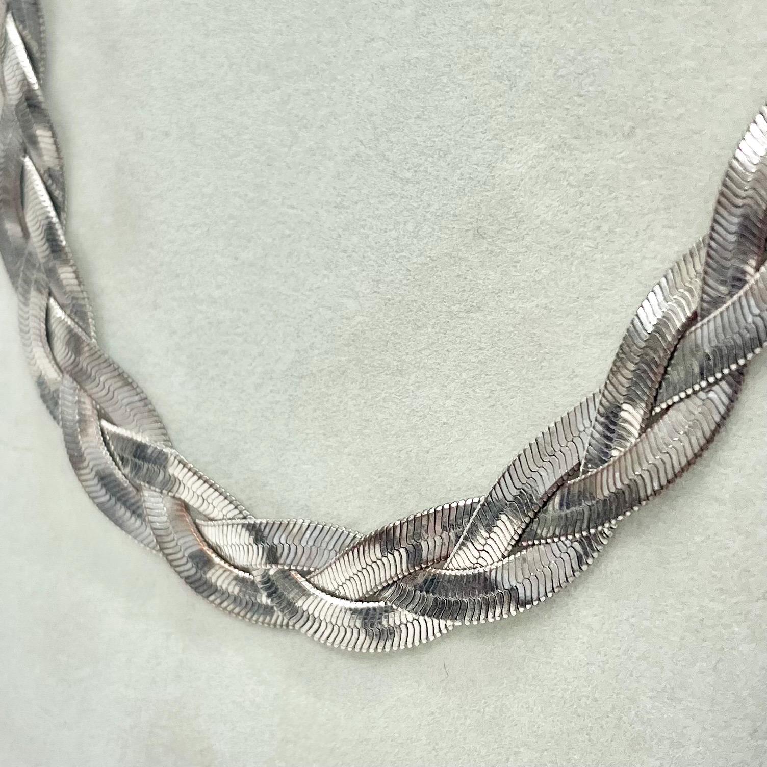 Vintage 16” Silver Tone Three Strand Herringbone Flat Plait Chain Necklace 1970’s - 1980’s TheGreenGlassGemShop