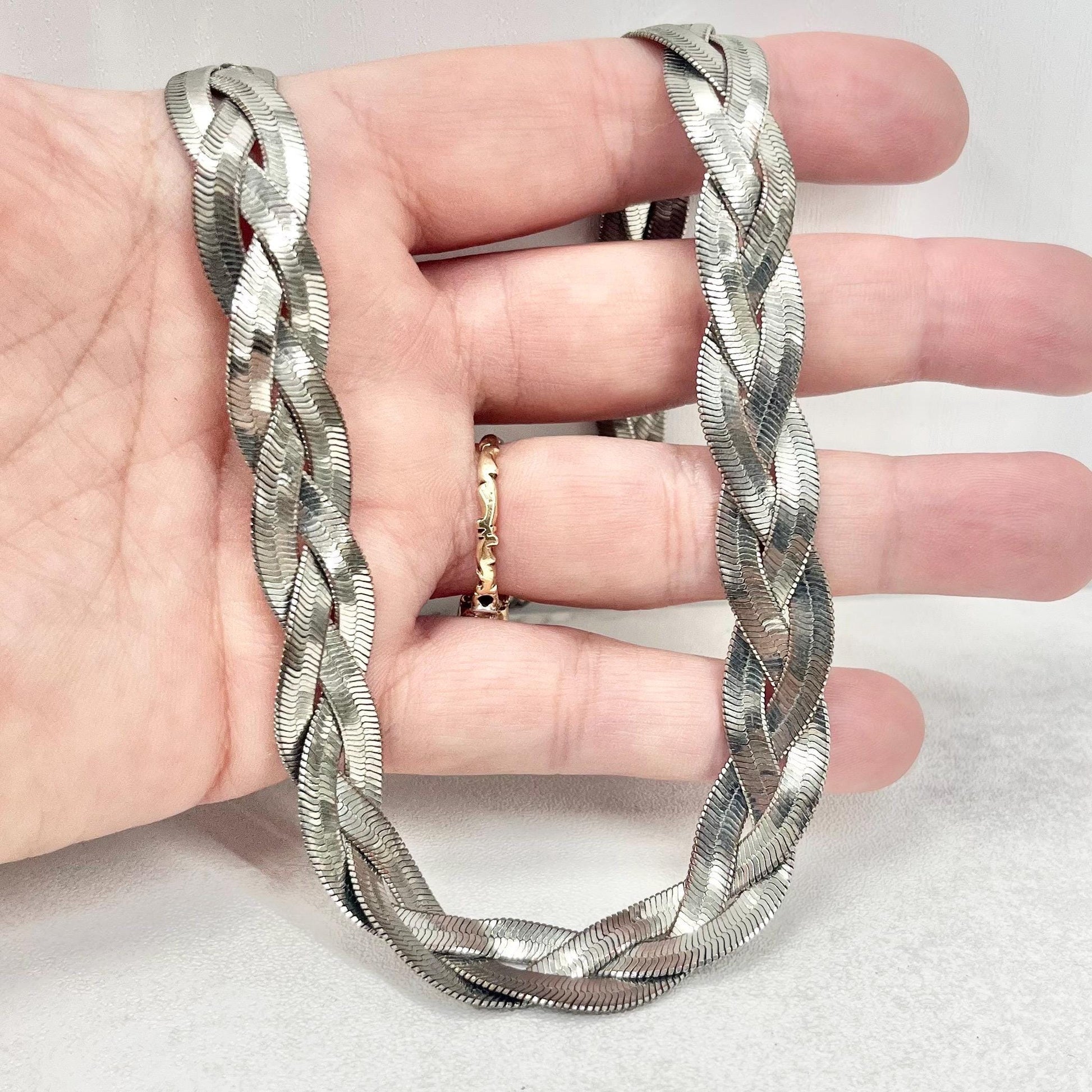 Vintage 16” Silver Tone Three Strand Herringbone Flat Plait Chain Necklace 1970’s - 1980’s TheGreenGlassGemShop