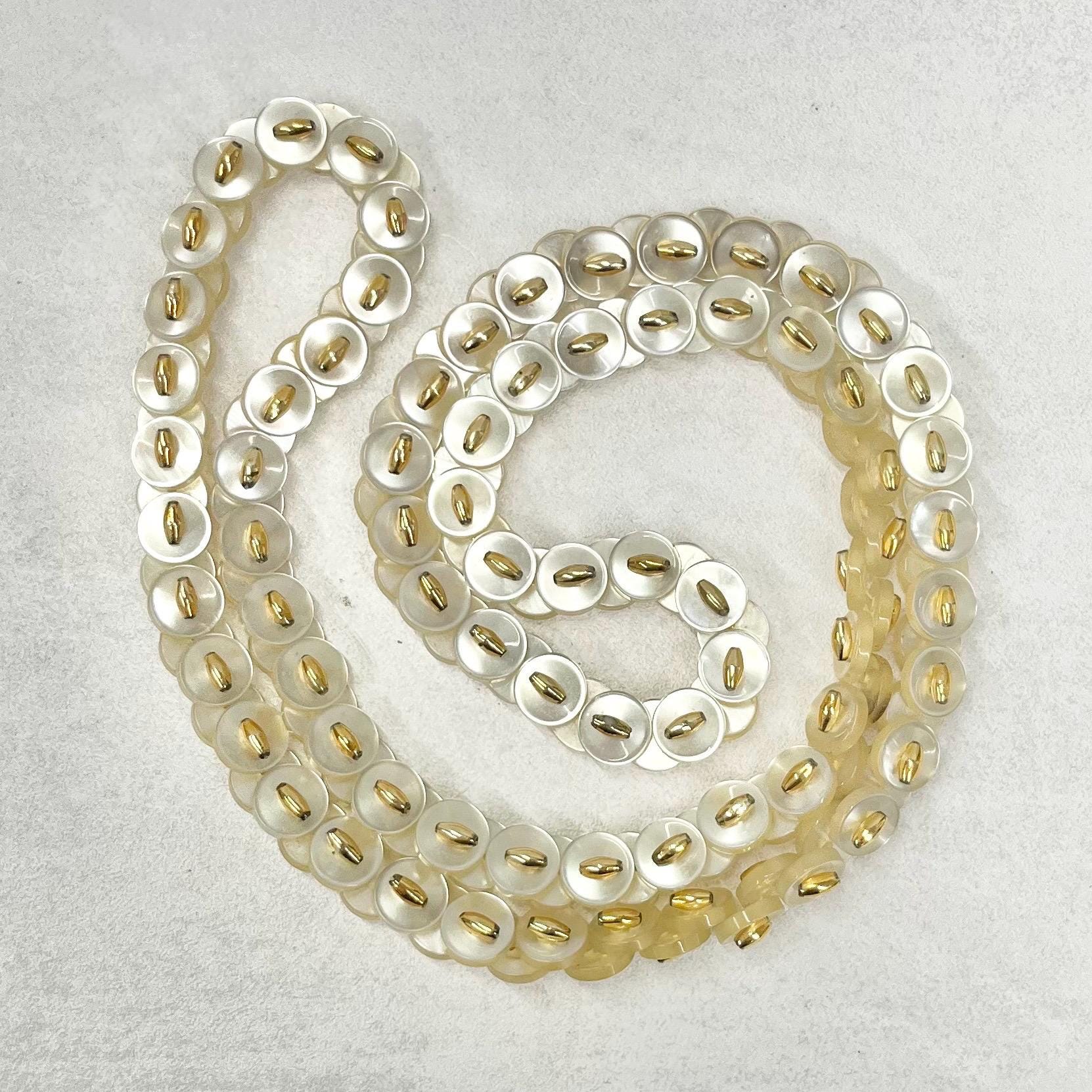 Vintage Handmade Cream Iridescent Acrylic Button Necklace 31” Long TheGreenGlassGemShop