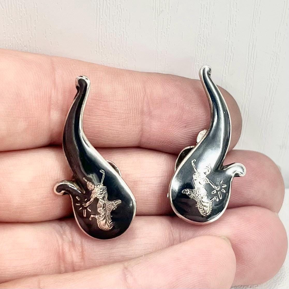 Vintage Sterling Silver Grey Enamelled Siam Dacinv Ladies Clip On Earrings 1970’s - 1980’s Ethnic Design TheGreenGlassGemShop