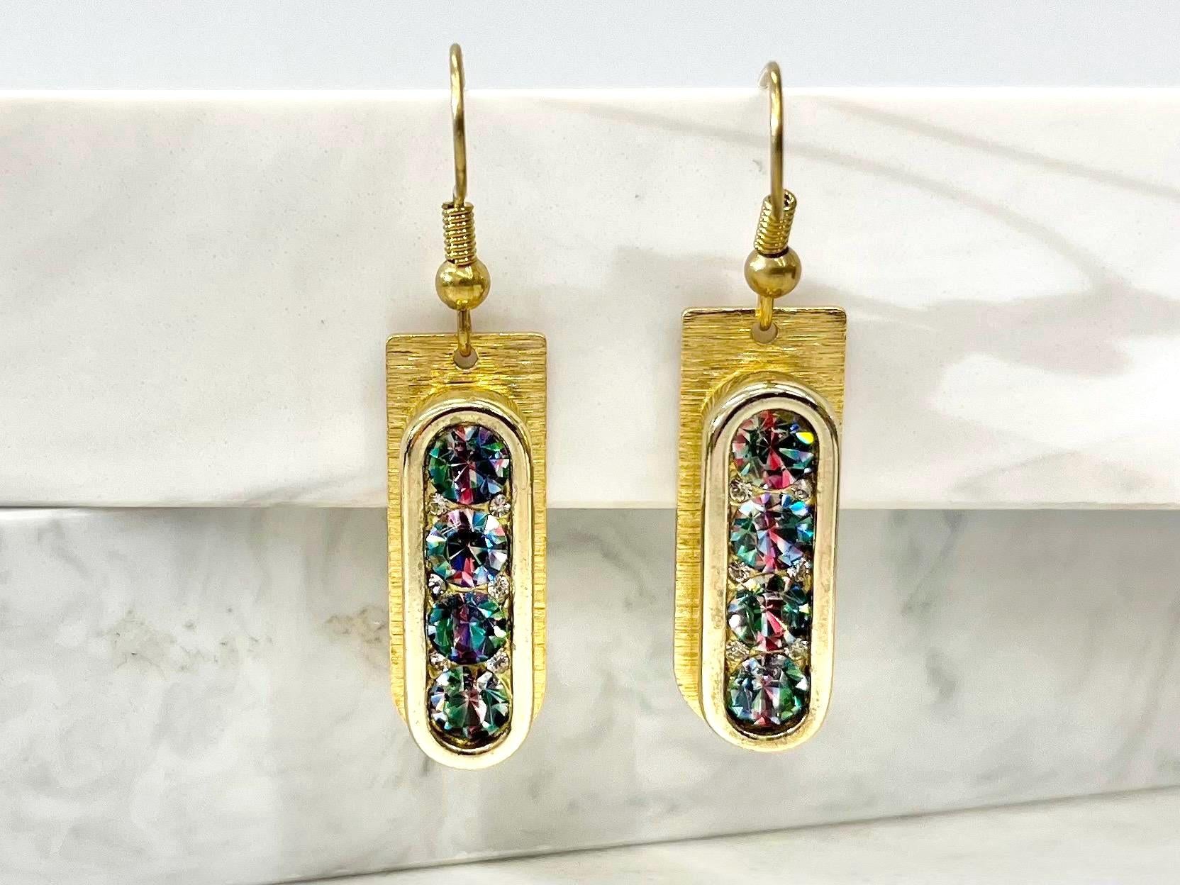 Handmade Swarovski Crystal Rainbow Iris Brass Earrings Contemporary Design with Hook Ear Wires TheGreenGlassGemShop