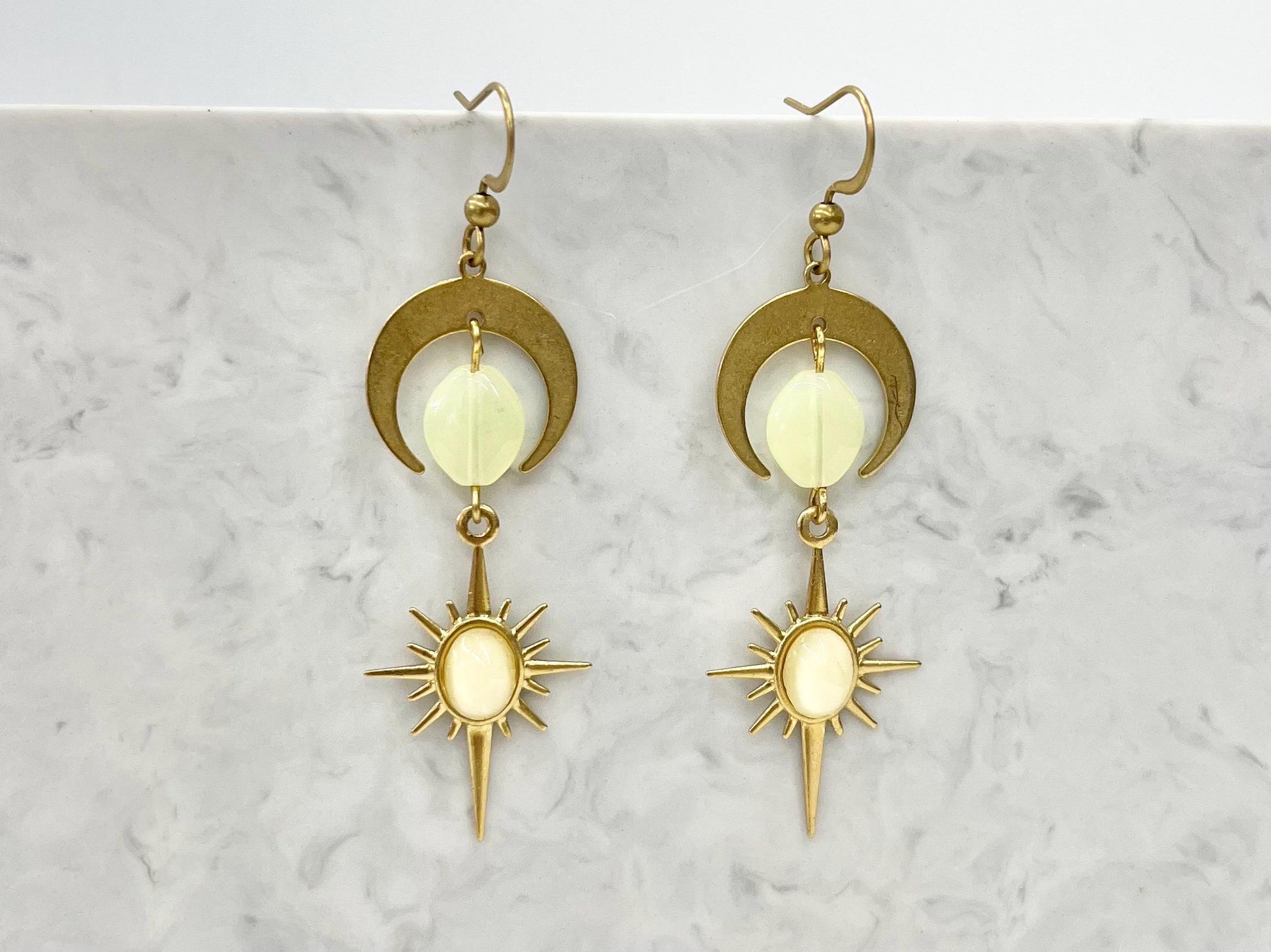 Handmade Long Yellow Uranium Glass Bead Drop Moon & Sun Earrings UV Reactive Glow with Vintage Czech Beads TheGreenGlassGemShop