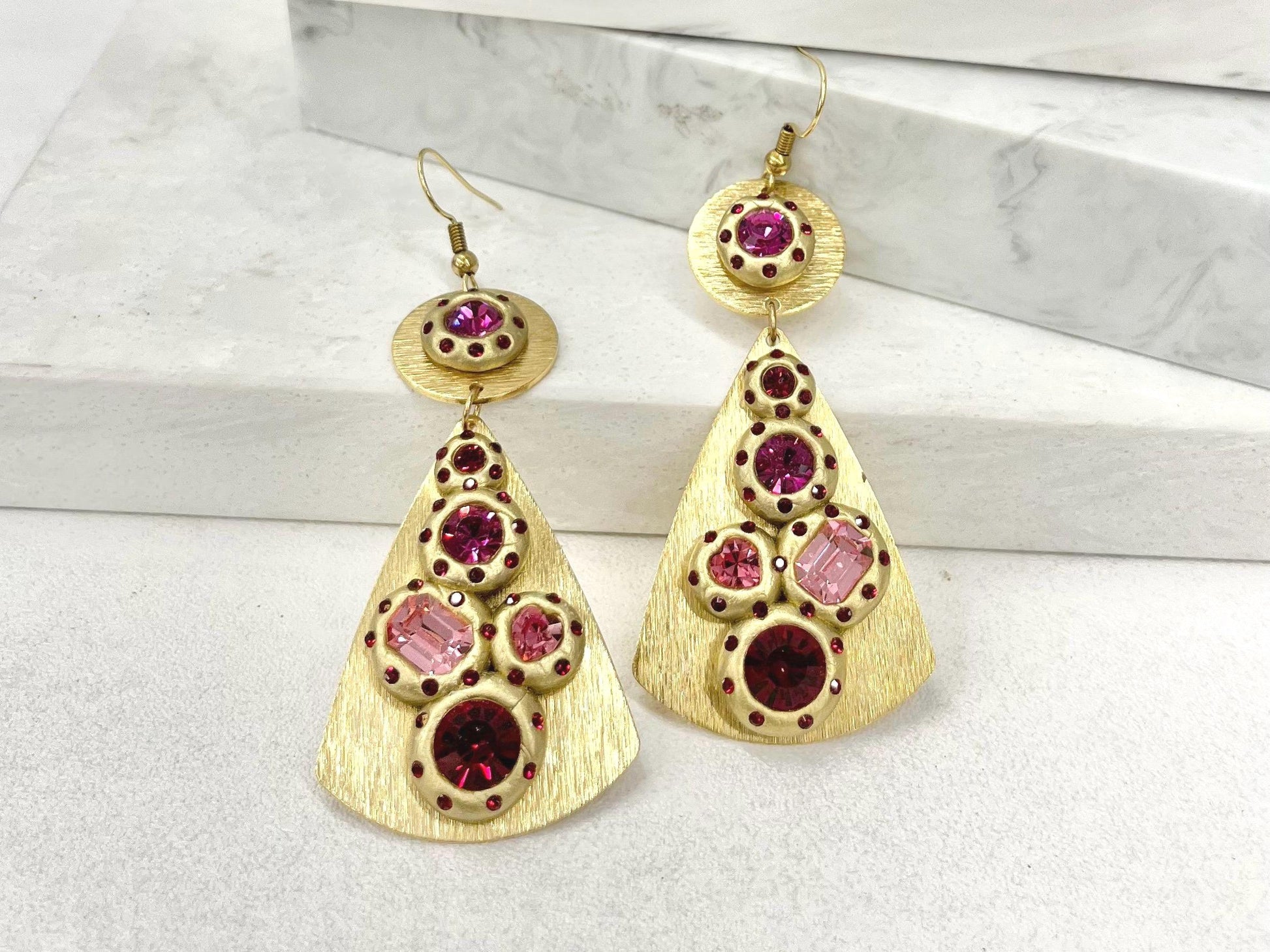 Handmade Statement Pink & Red Swarovski Crystal Brass Earrings Contemporary Design with Hook Ear Wires TheGreenGlassGemShop