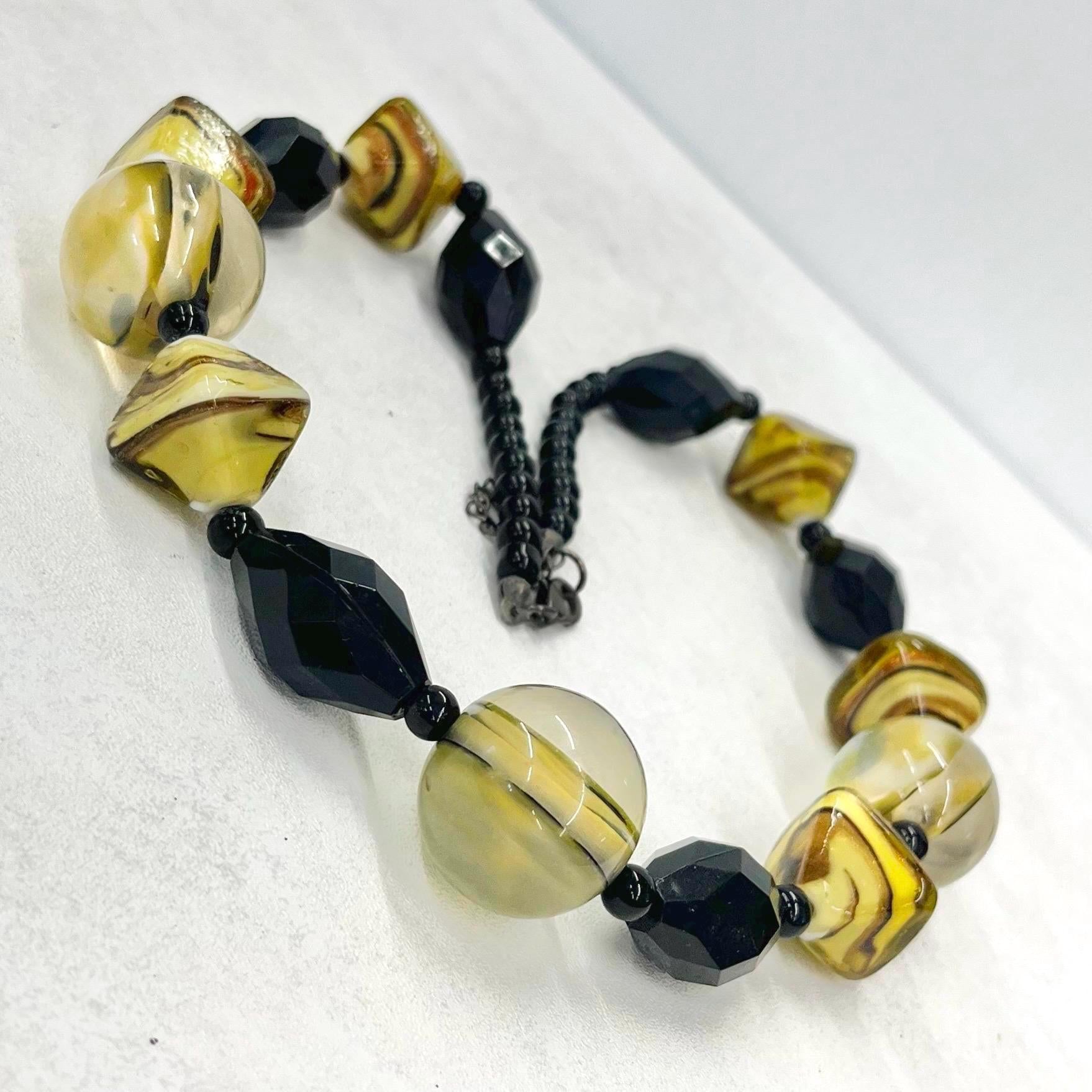 Vintage Chunky Lampwork Glass and Lucite Bead Statement Necklace Black & Yellow Tones with Shimmers of Golden Glitter 24” Long MillyOliverVintage