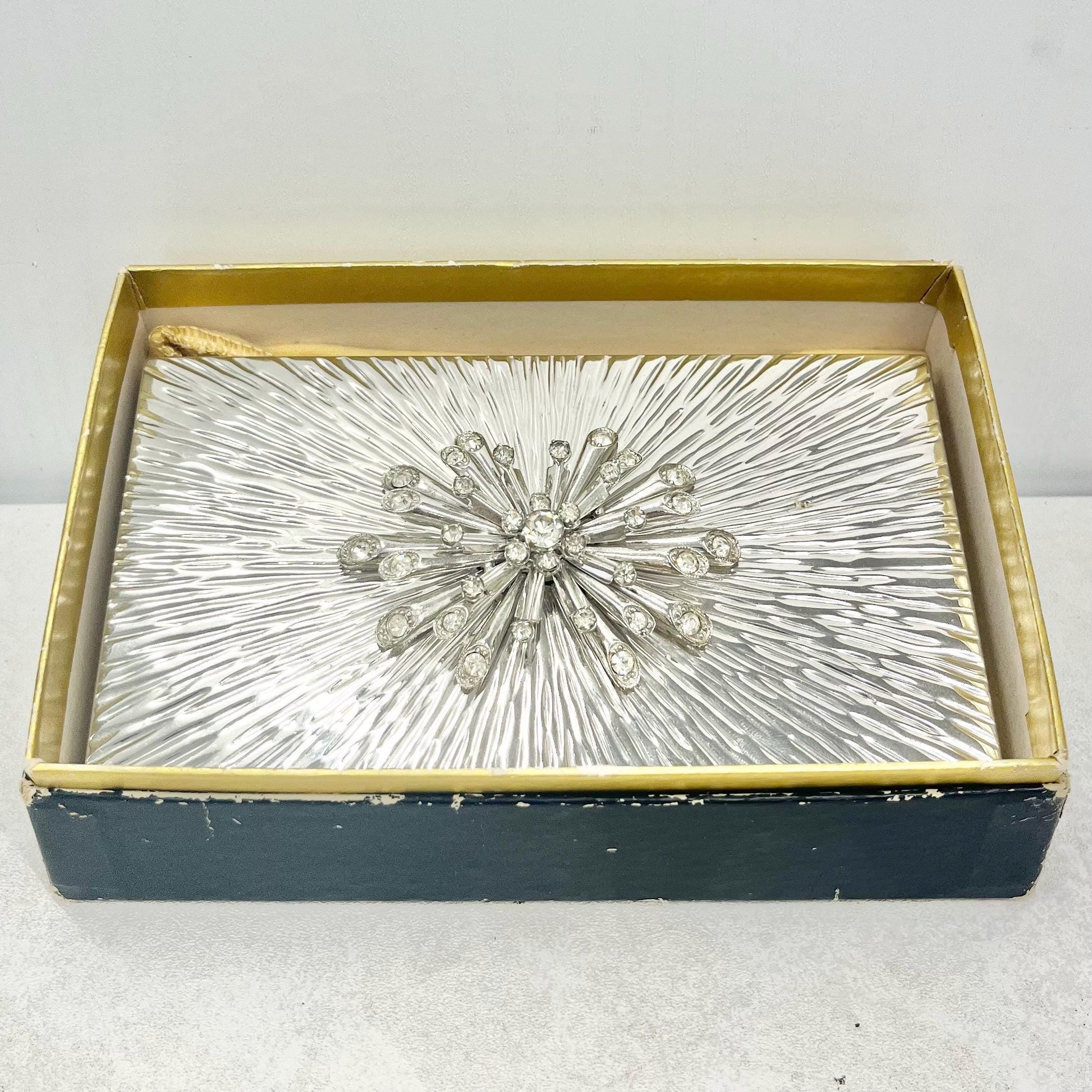Vintage 1950’s 1960’s Evans Starburst Chrome Plate Cigarette Case with Starburst Crystal Diamante Detail Complete with Box & Pouch TheGreenGlassGemShop