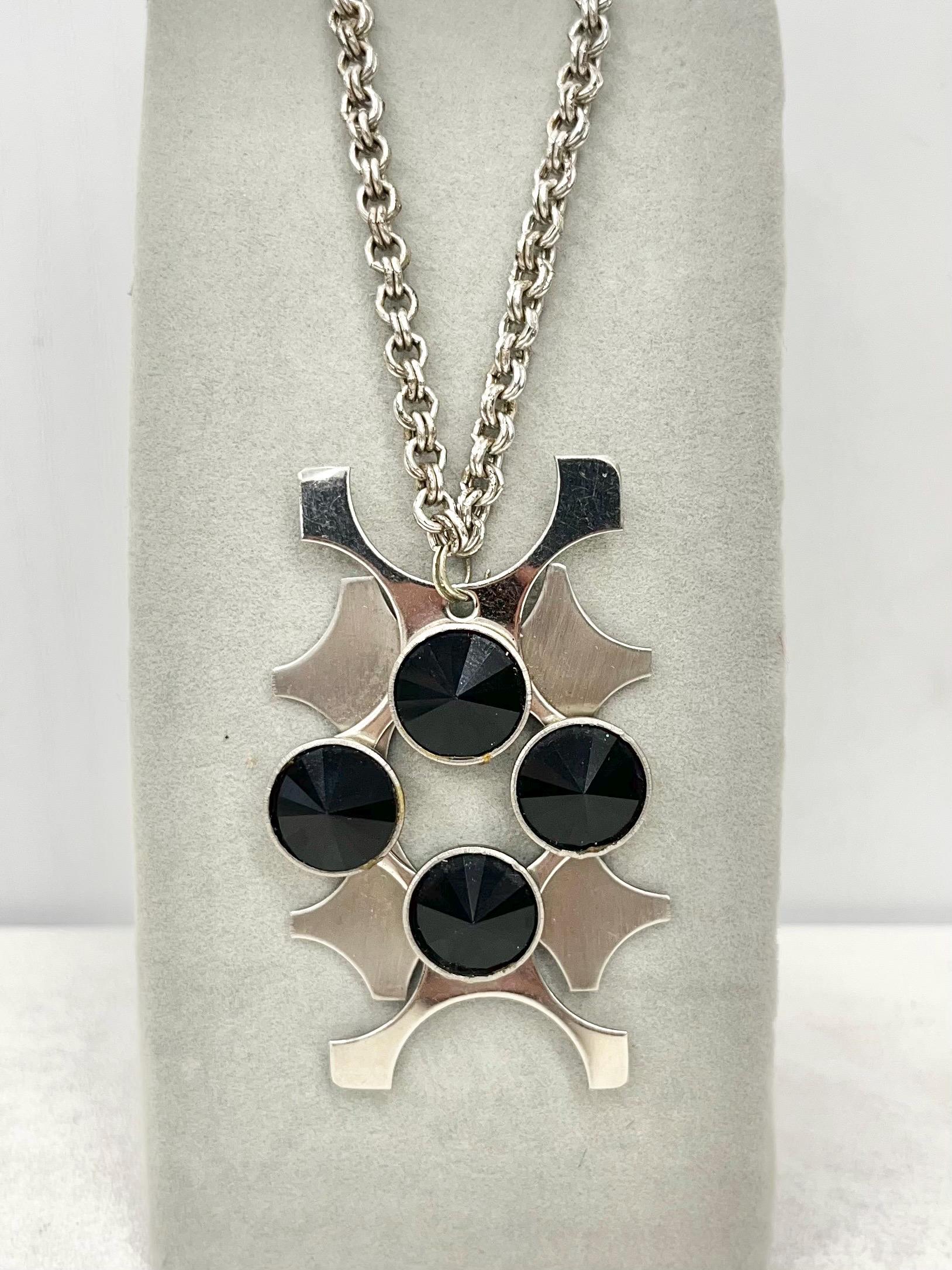 Vintage Modernist Rectangular Stainless Steel 1970’s Pendant Set With Black Rivoli Crystals with a 20” Chain MillyOliverVintage