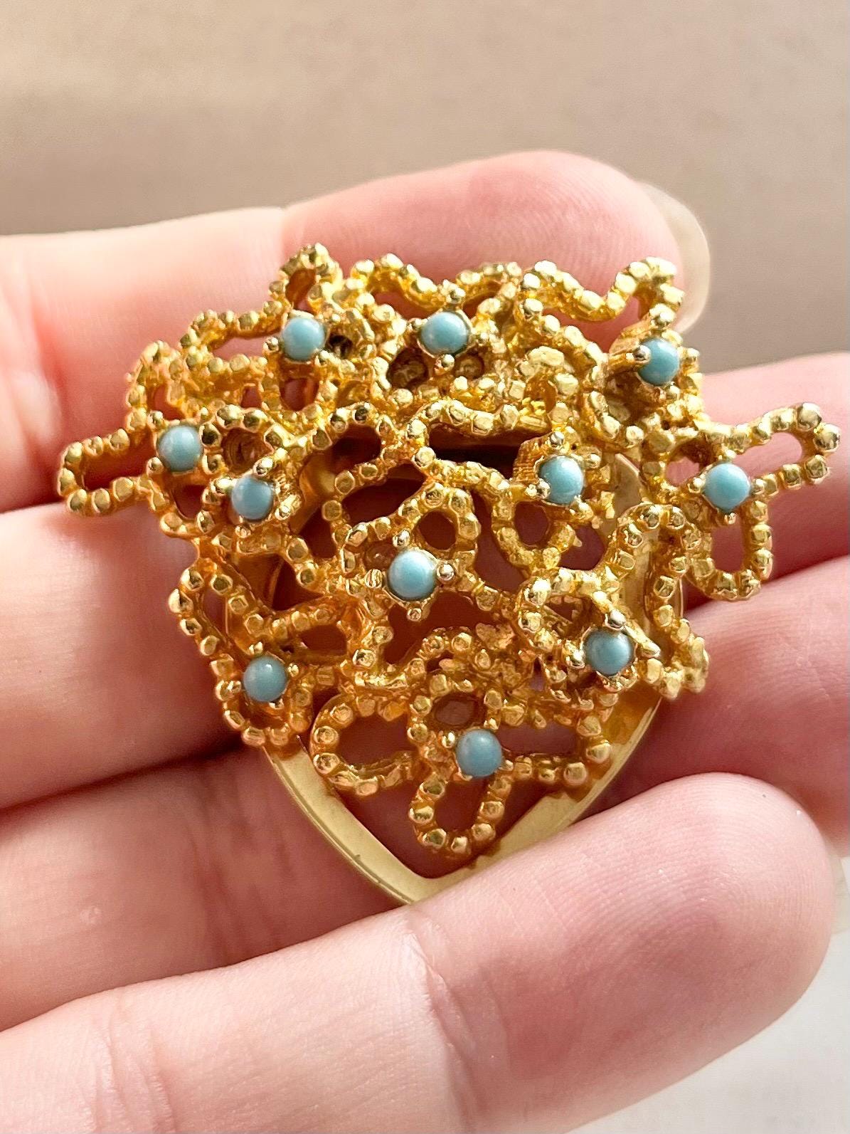 Vintage Gold Tone Brutalist Scarf Clip with Turquoise Blue Glass Cabochon Accents MillyOliverVintage