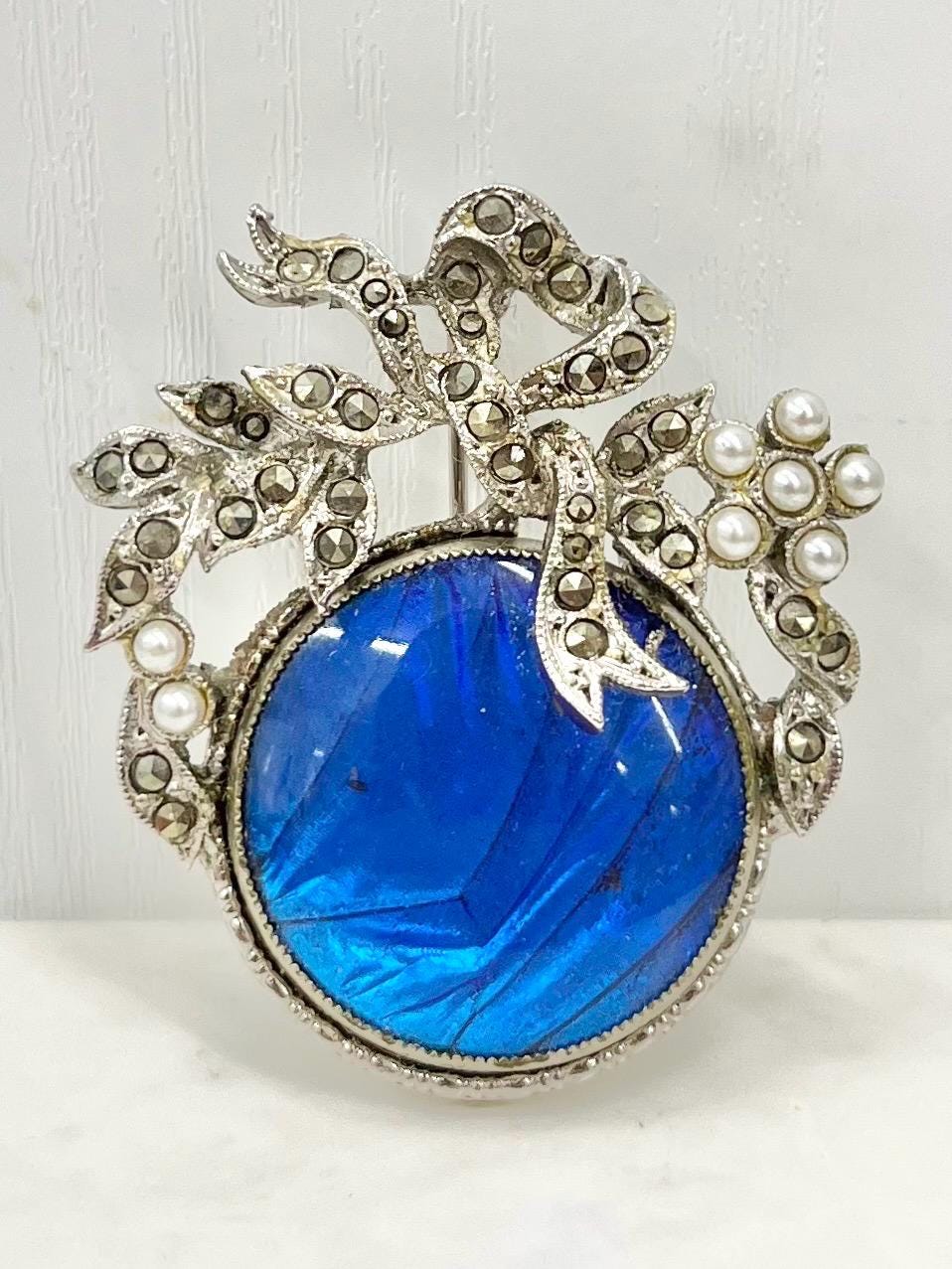 Vintage Silver Tone Real Butterfly Wing Marcasite & Pearl Brooch by Exquisite Costume Jewellery Statement Piece MillyOliverVintage