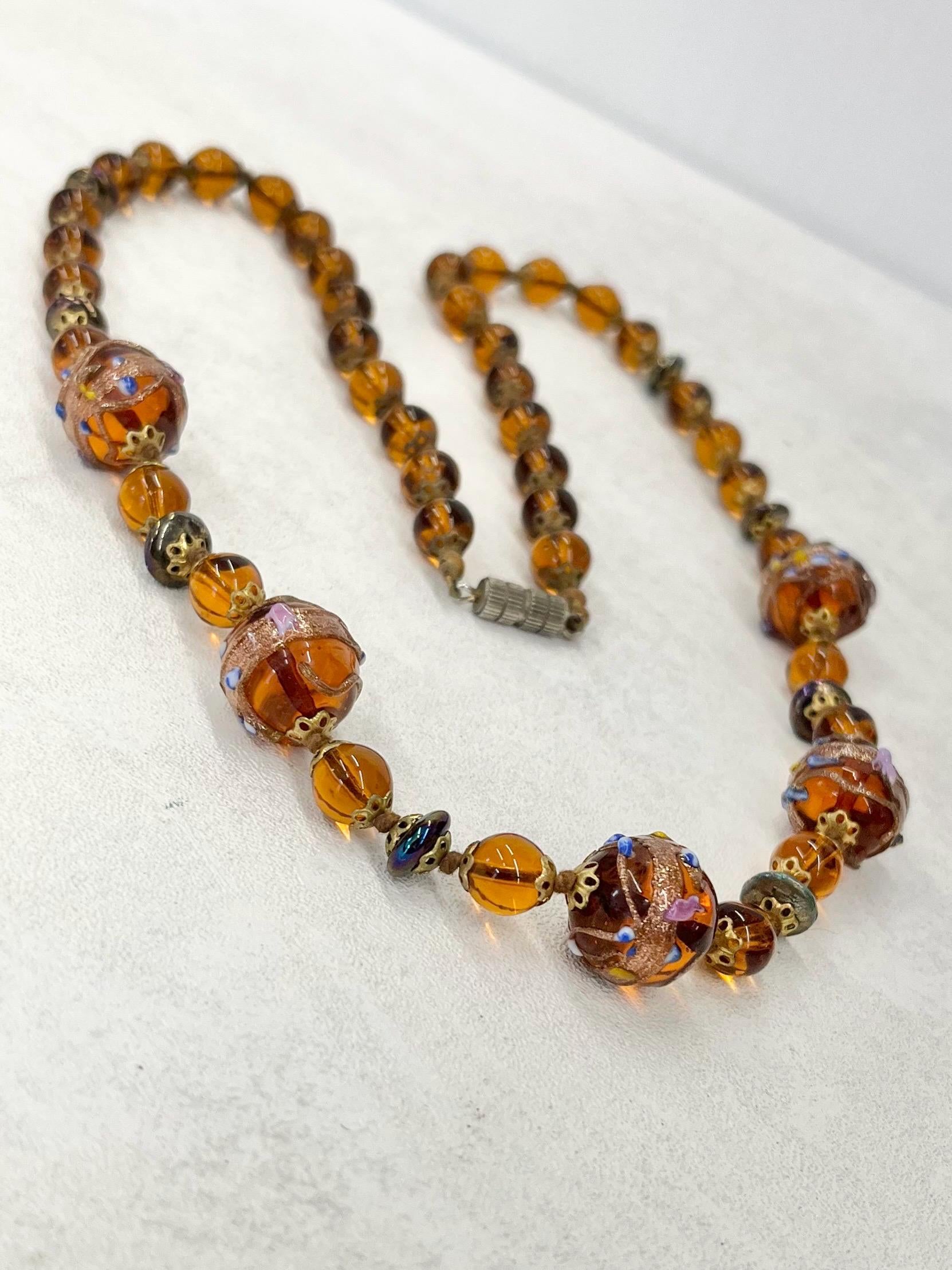 Vintage Venetian Brown & Gold Aventurine Lampwork Glass Wedding Cake Bead Hand Knotted Necklace 25” Long MillyOliverVintage