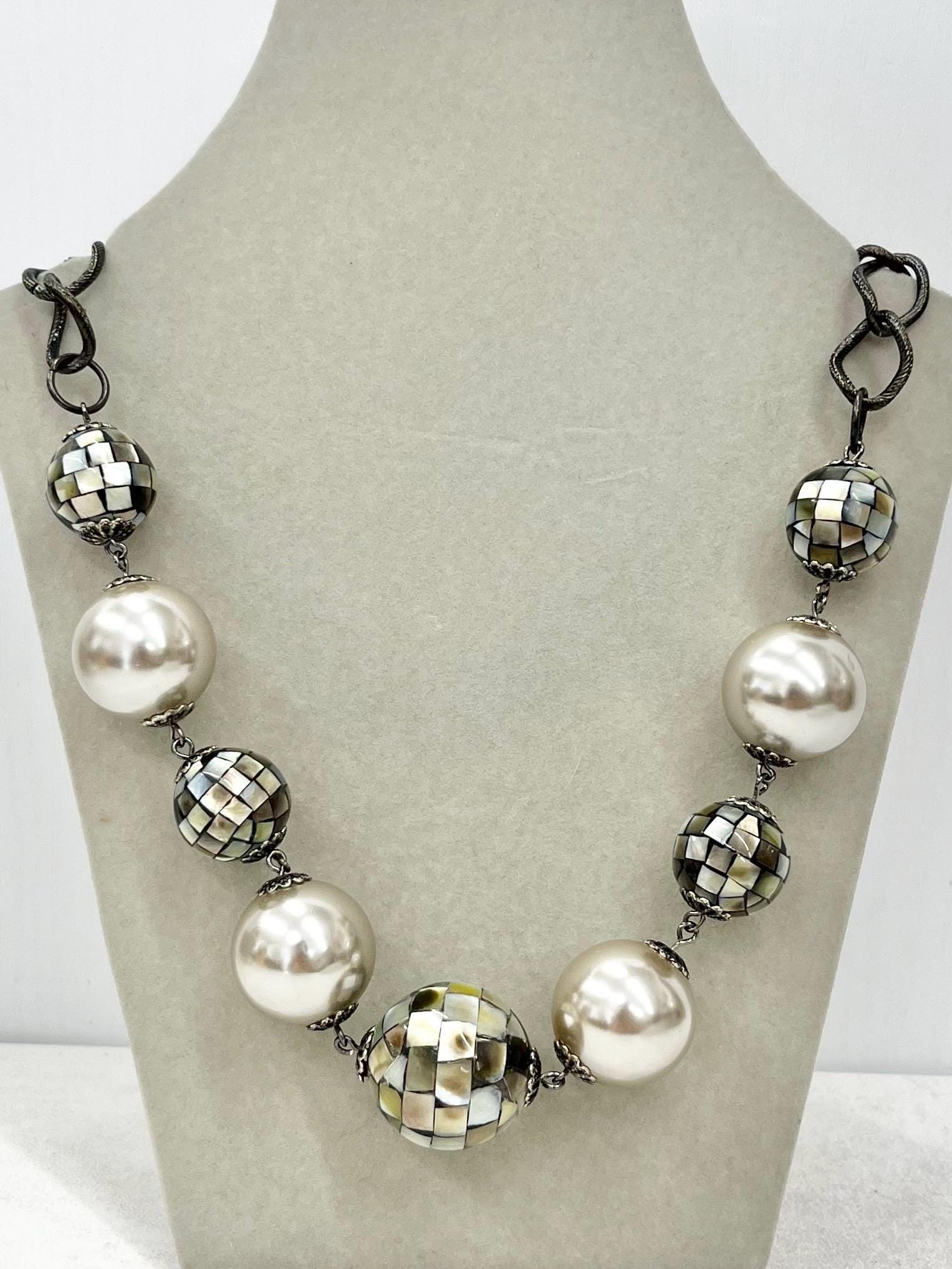 Chunky Faux Pearl & Shell Mosaic Bead Necklace - by Milly Oliver MillyOliverVintage