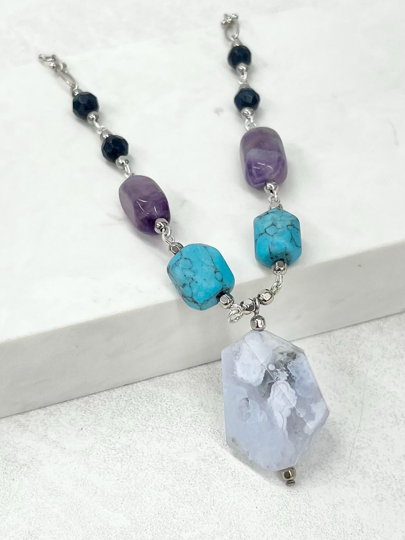 Blue Semi Precious Gemstone Necklace with Blue Lace Agate Amethyst Turquoise & Sodalit - by Milly Oliver MillyOliverVintage