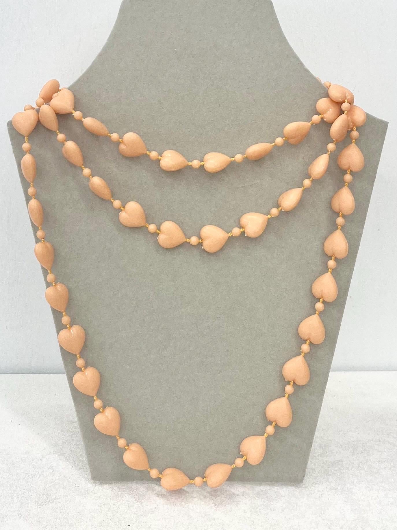 Super Kitsch Acrylic Heart Bead Long Necklace 47” - Choice of Pastel Colours - Tan Peach Sky Blue Yellow Mint Green MillyOliverVintage