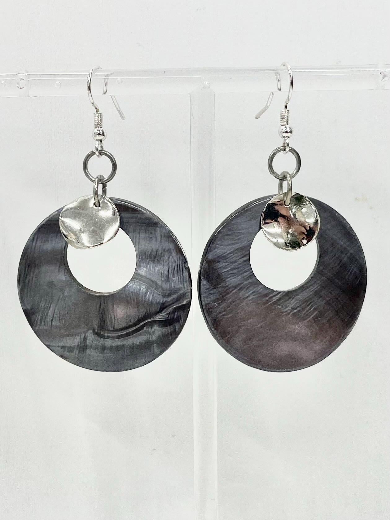 Mother of Pearl Shell Circle & Silver Plate Earrings - for Pierced Ears - by Milly Oliver MillyOliverVintage