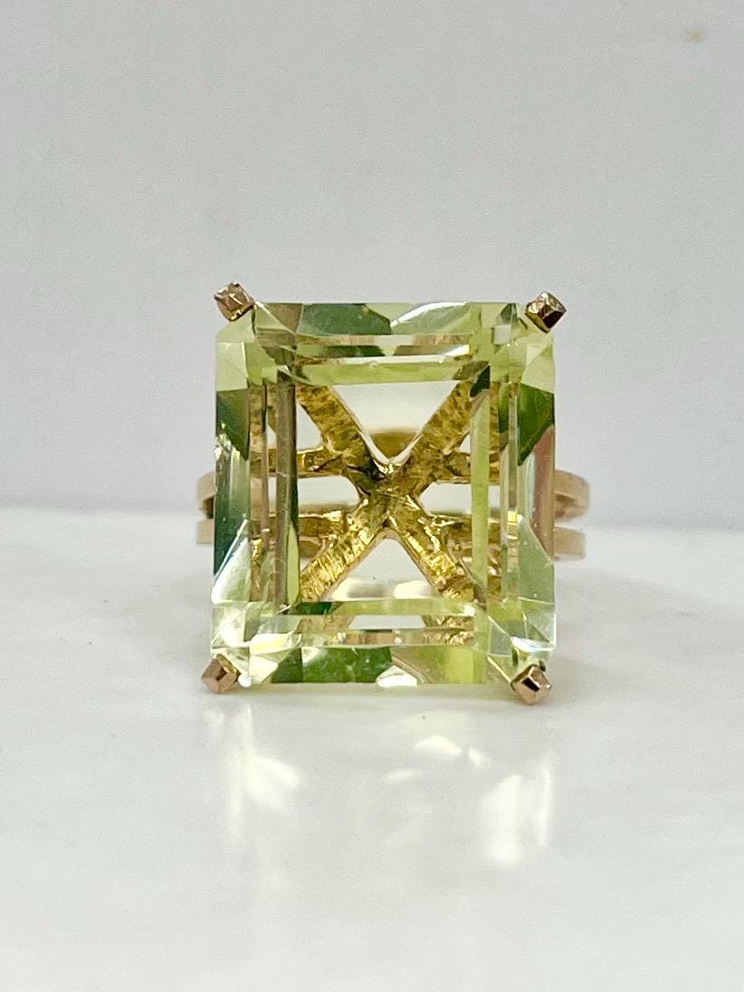 Vintage Uranium Glass Huge Emerald Rectangle Cut Crystal Dress Ring in Yellow / Gold Metal size O Super Bright Glow Under UV Light MillyOliverVintage