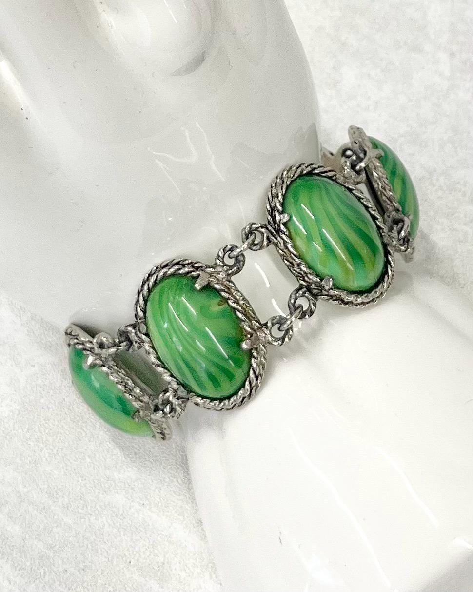 Vintage Wide Green Striped Satin Glass Cabochon Silver Tone Bracelet Excellent Quality 8” MillyOliverVintage