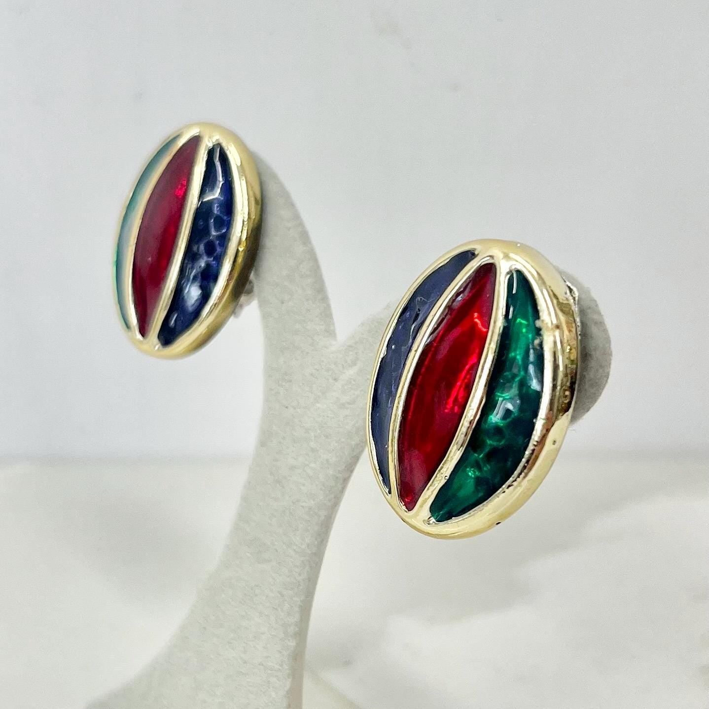 Vintage Enamel Oval Clip On Earrings Green Red Navy in a Gold Tone Setting 1980’s - 1990’s MillyOliverVintage