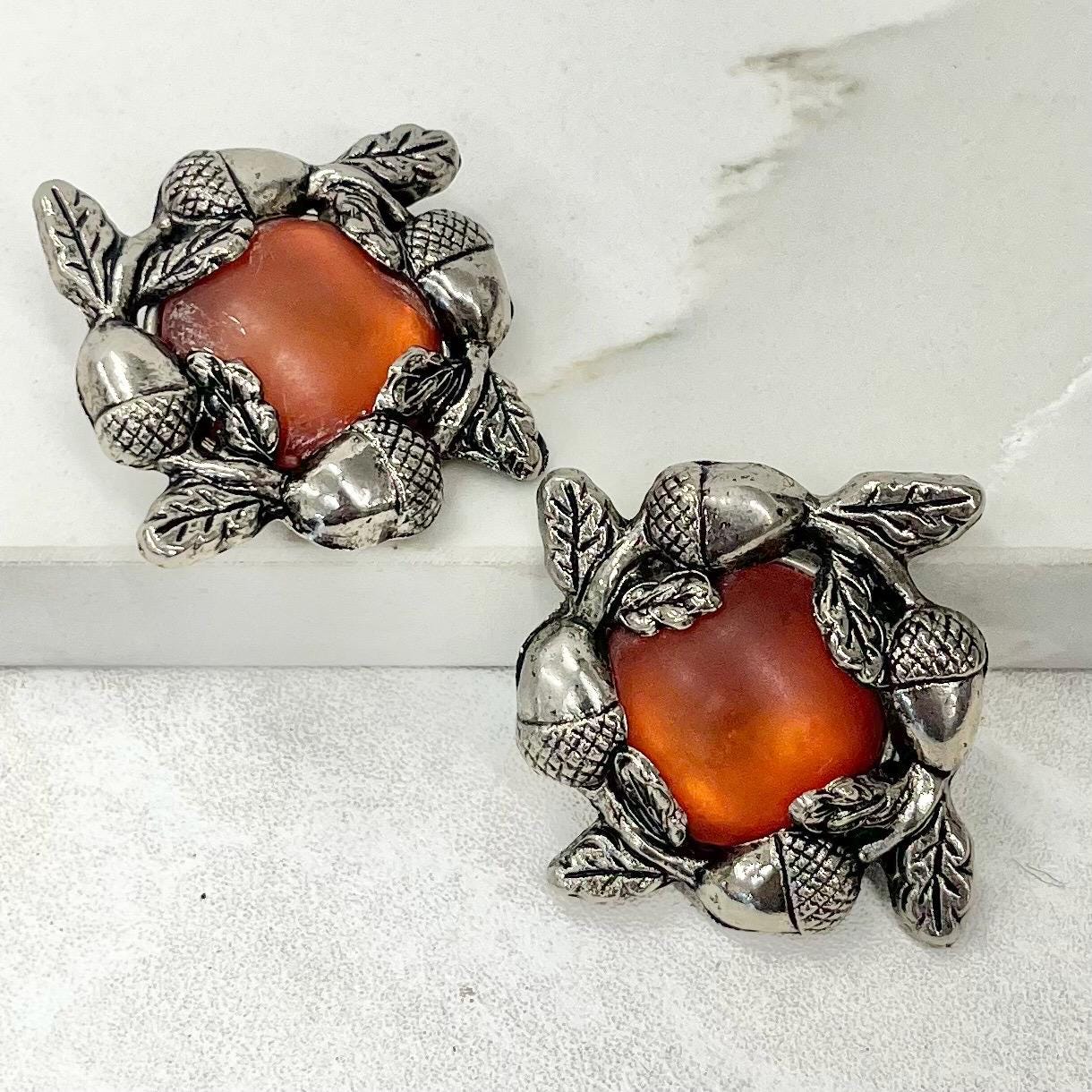 Vintage Atumnal Silver Tone Large Oversized Faux Amber Acorn Clip On Earrings 1970’s - 1980’s MillyOliverVintage